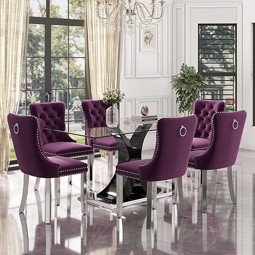 Miniatura 47 de Juego de mesa de comedor moderno de vidrio para 4, mesa de 160 cm de vidrio templado con base dorada estética y 4 sillas de comedor lujosas azules y