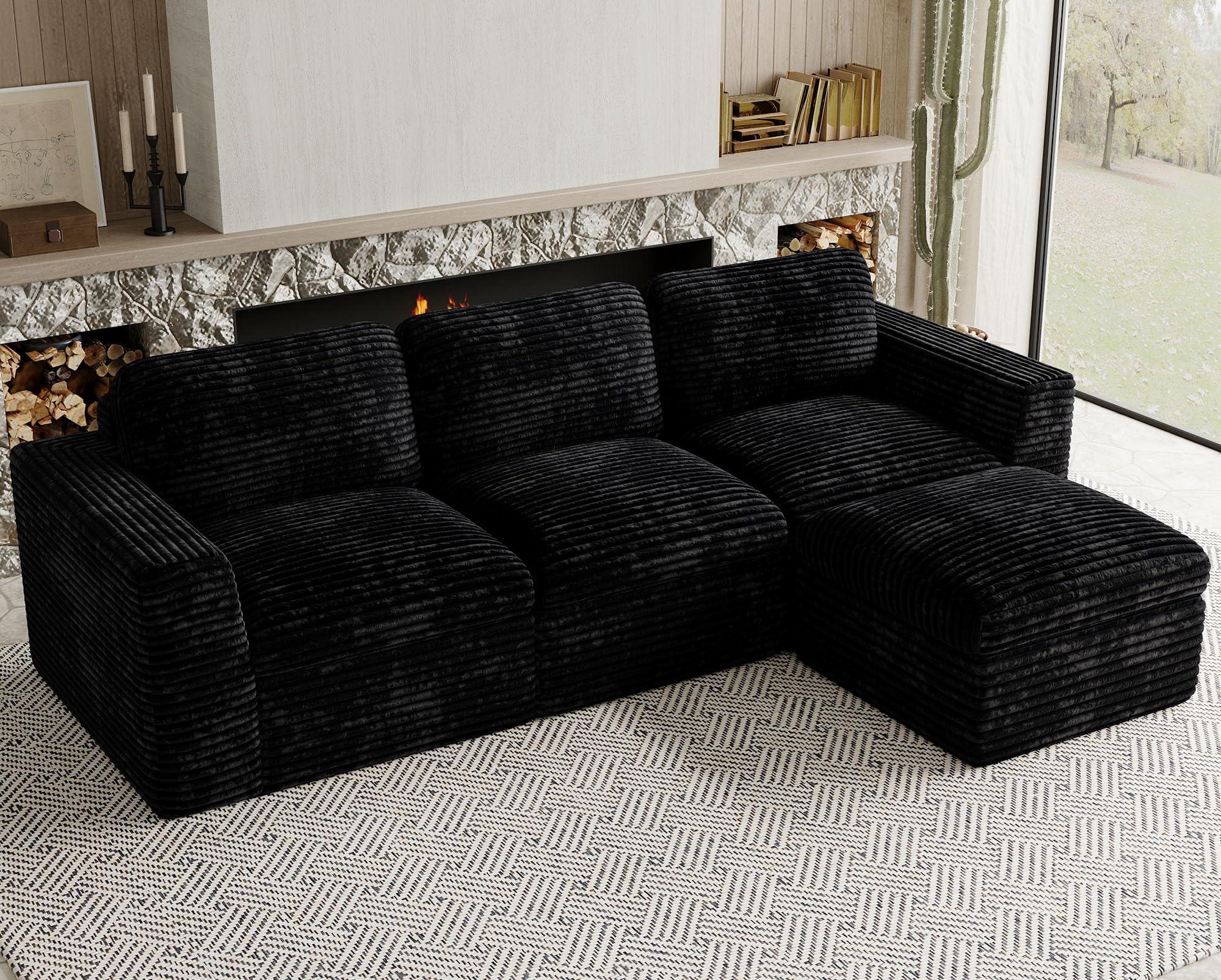 Plush Corduroy Cloud Sectional Couches for Living Room Boneless Modular Sectional Sofa Convertible 3-Seater L Shaped Couch with