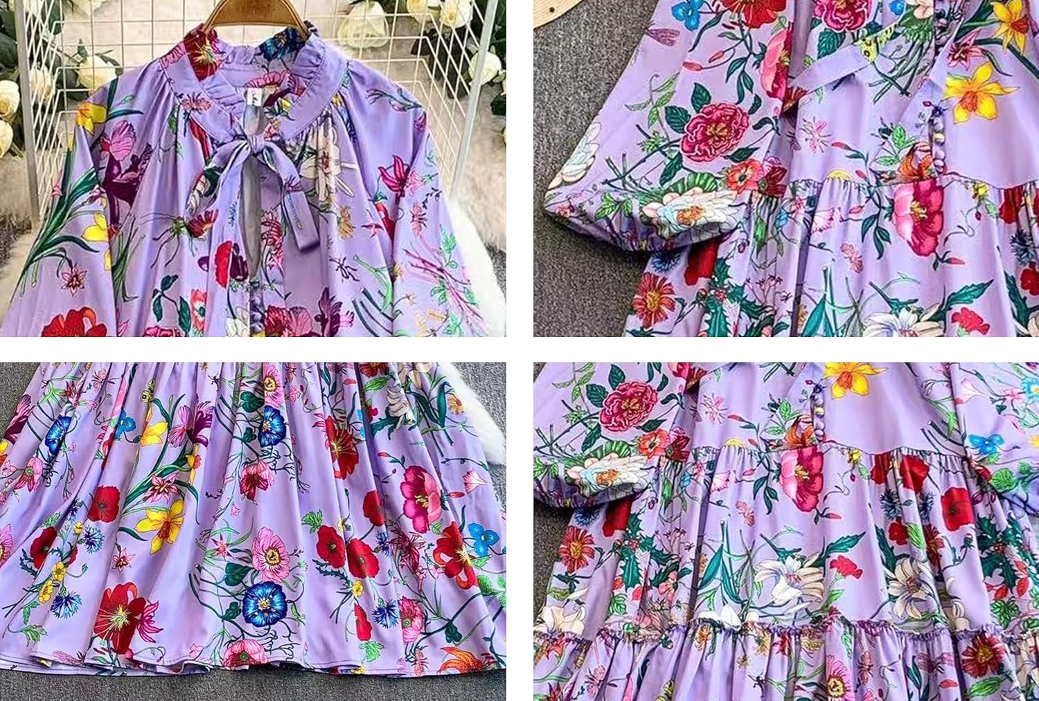LAI MENG FIVE CATS Women's Tie Neck Floral Print Lantern Sleeves Button Loose Fit Tiered Flowy Maxi Dress
