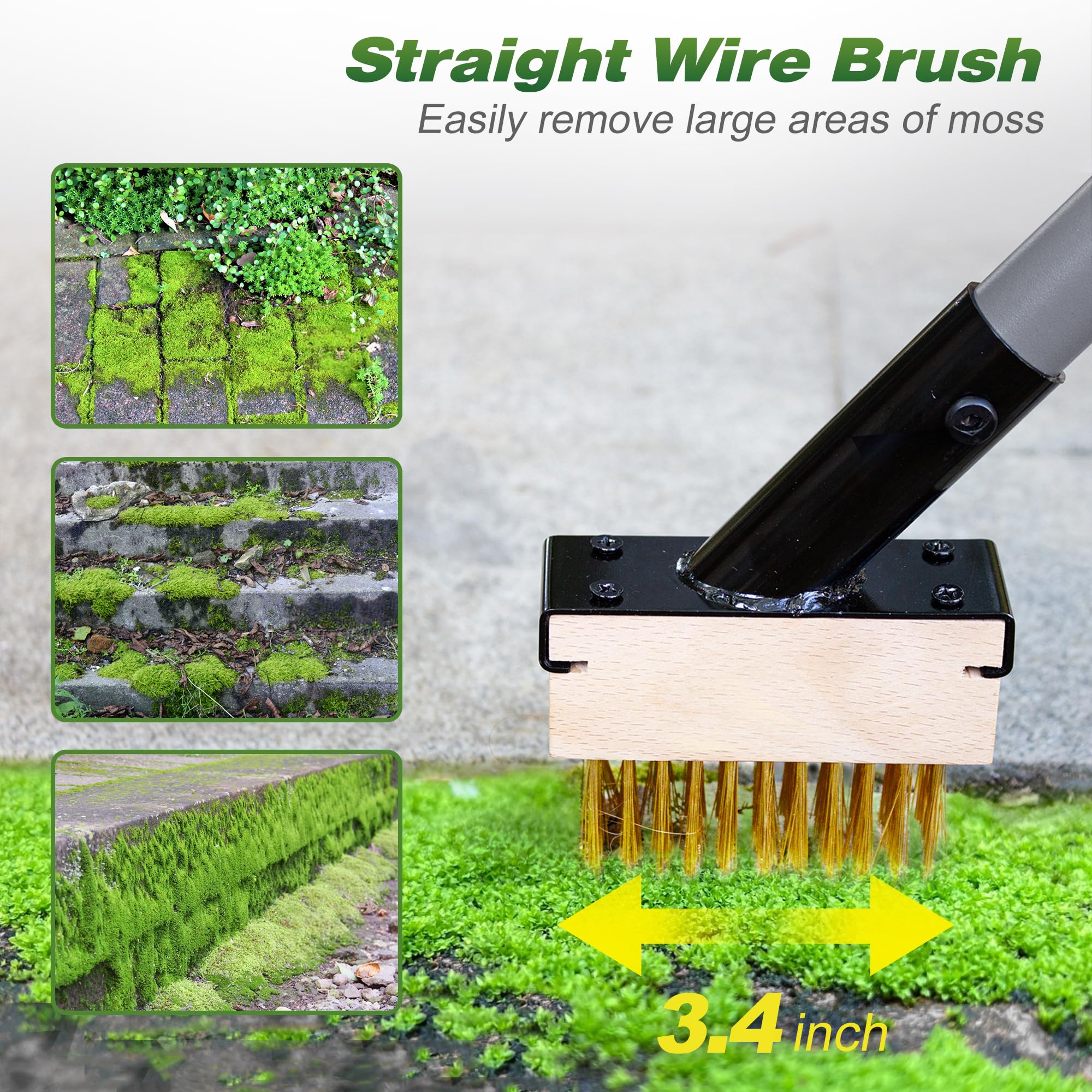 Walensee Brosse 3 en 1 pour désherbeur et mousse avec poignée réglable de 167,5 cm, brosse métallique avec 2 têtes remplaçables et grattoir pour terrasse, patio, allée, suceur plat