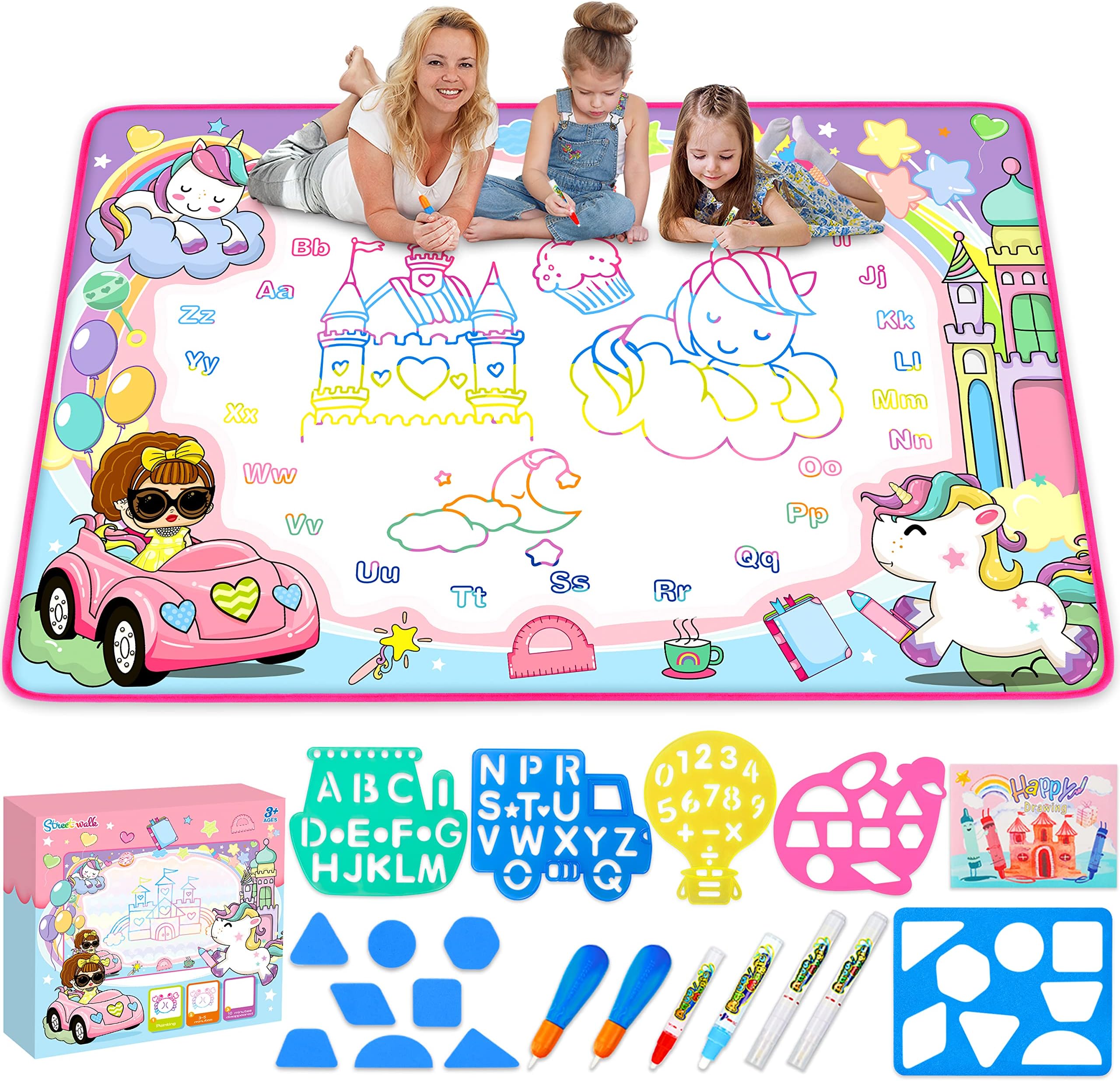 STREET WALK Water Doodle Mat- Kids Painting Writing Doodle Board Toy - Color Drawing Mat Bring Magic Pens Educational Toys for Age 3 4 5 6 7 8 9 10 11 12 Year Old Girls Boys Toddler Gift