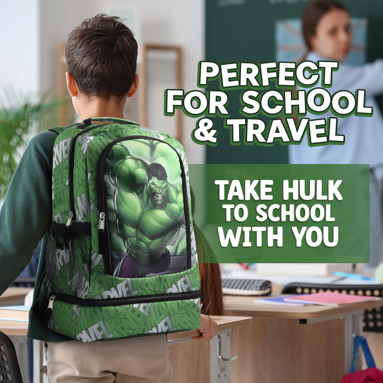 Marvel Hulk Kids Backpack 16" School Bookbag with Lunch Holder & Pocket