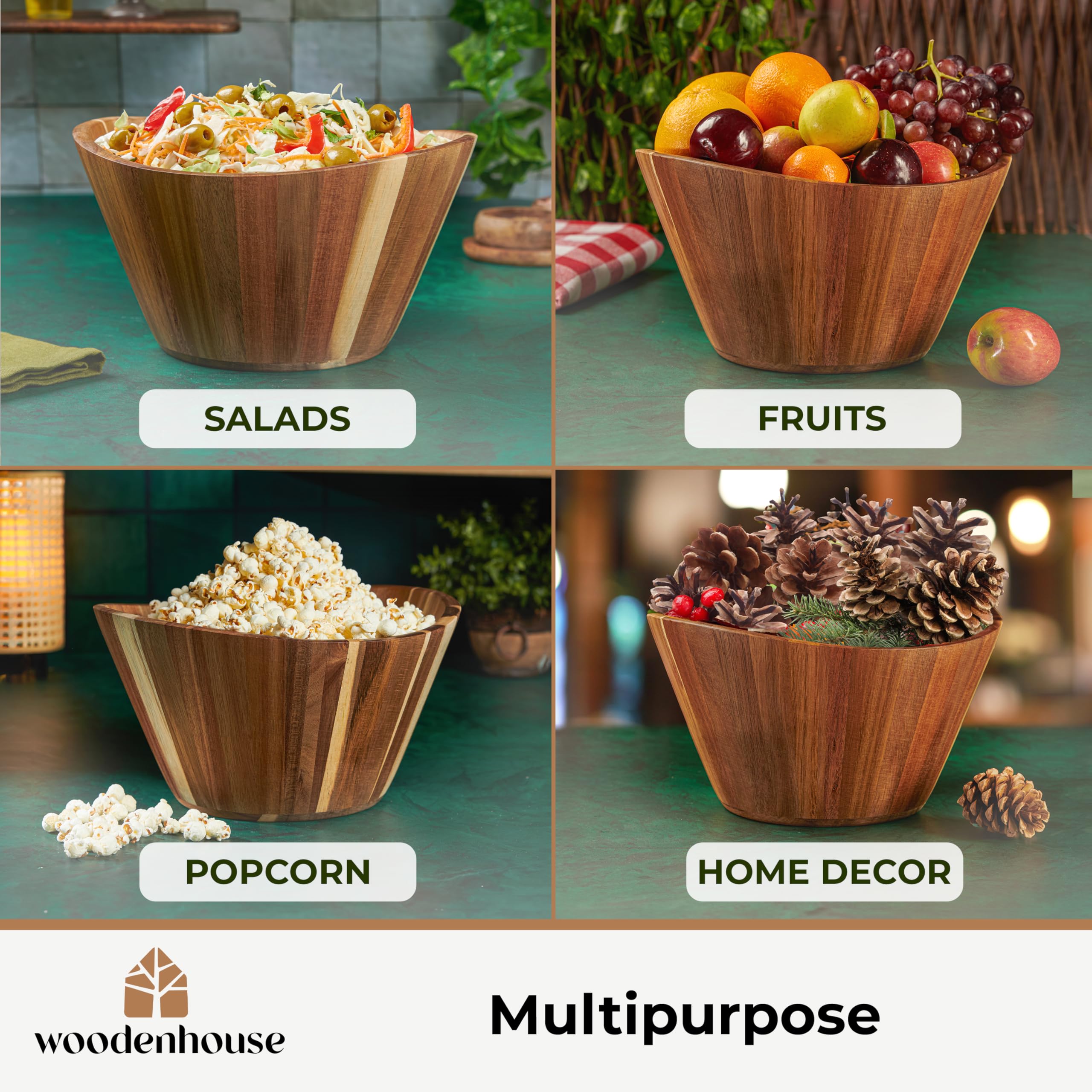Woodenhouse - Ensaladera de madera, cuenco de fruta, grande y ondulado de 12 pulgadas para servir, hecho a mano, duradero y elegante, accesorio de comedor de madera natural 4