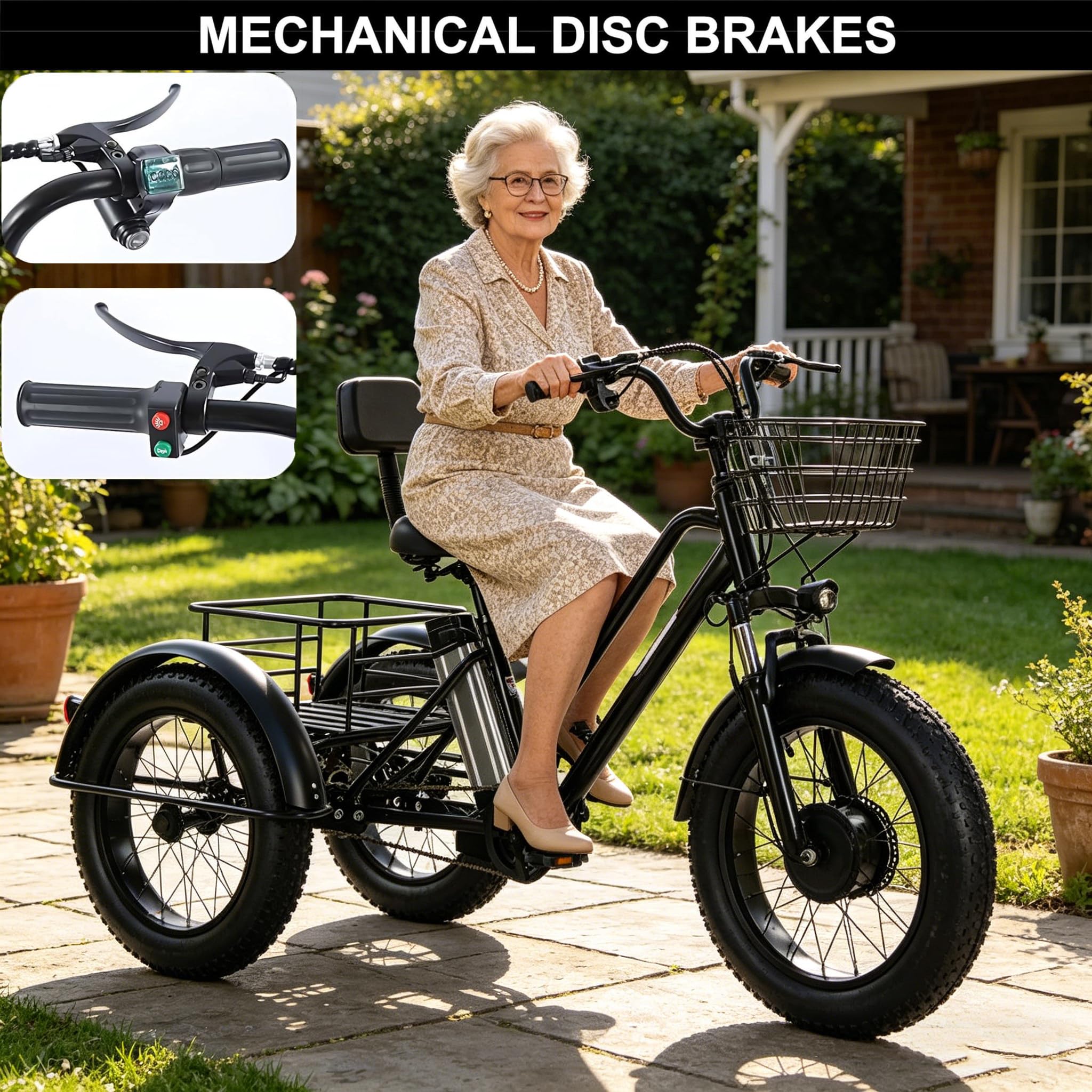 Bicicletta cargo elettrica per adulti, triciclo cargo elettrico resistente con portata di 200 kg, 3 ruote, pneumatici larghi da 20'' (20x9x12), ampio cestino per la spesa e picnic.