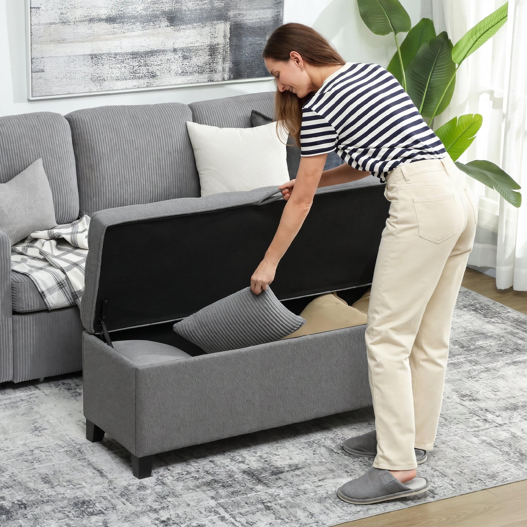 HOMCOM Sitzbank mit Stauraum Polsterbank bis 120kg 120x40x48 cm Dunkelgrau | Bank, Sicherheits-Scharnieren, Leinenoptik, für Wohnzimmer Schlafzimmer Flur