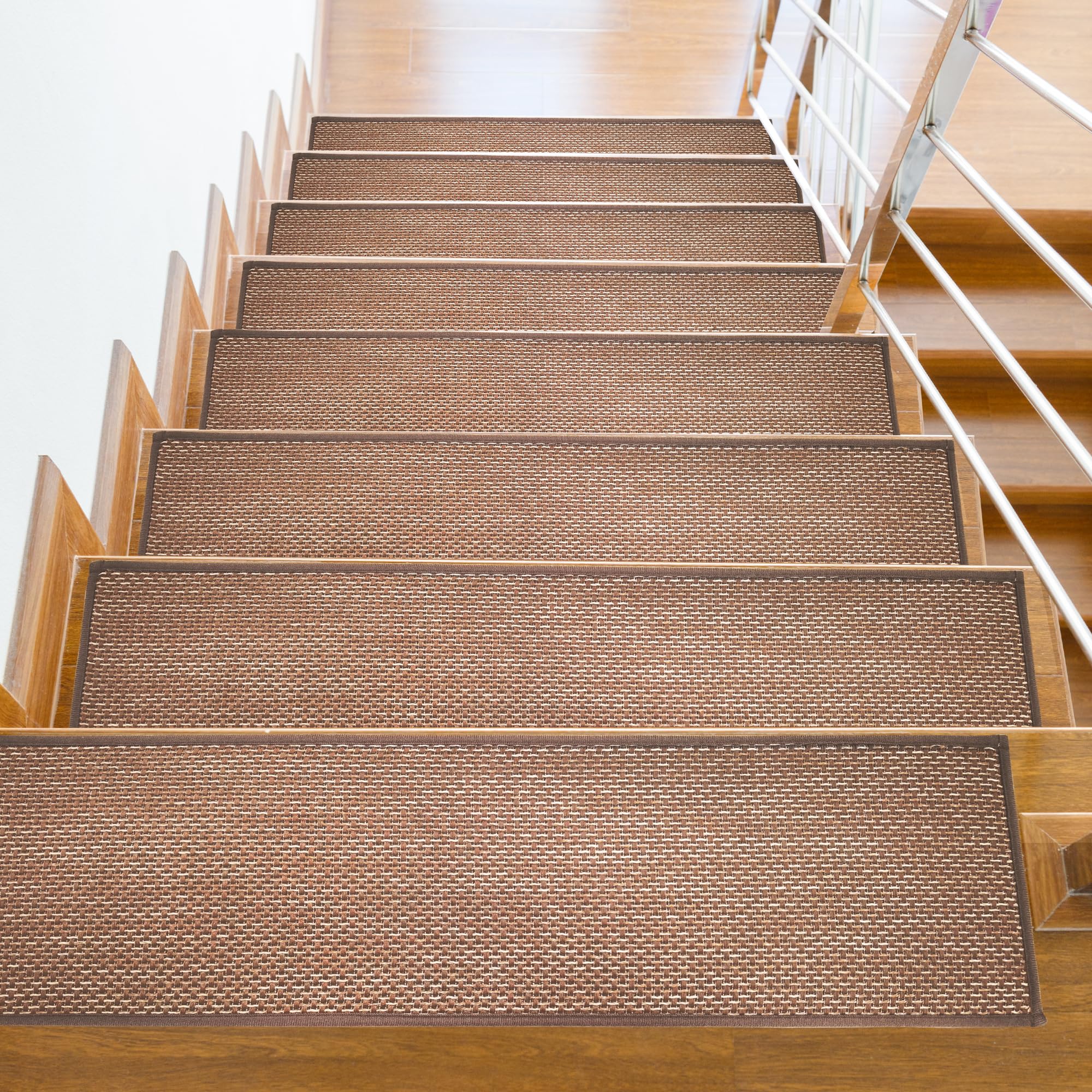 Stair Treads Non Slip Steps - Wooden Stair Runner Indoor - Reusable and Stick Carpet Covers - Rubber Rug Strips - 15 Pack 30''X8'' Anti Slip Mats - Suitable for Dogs, Kids & Elders - Weave Coffee