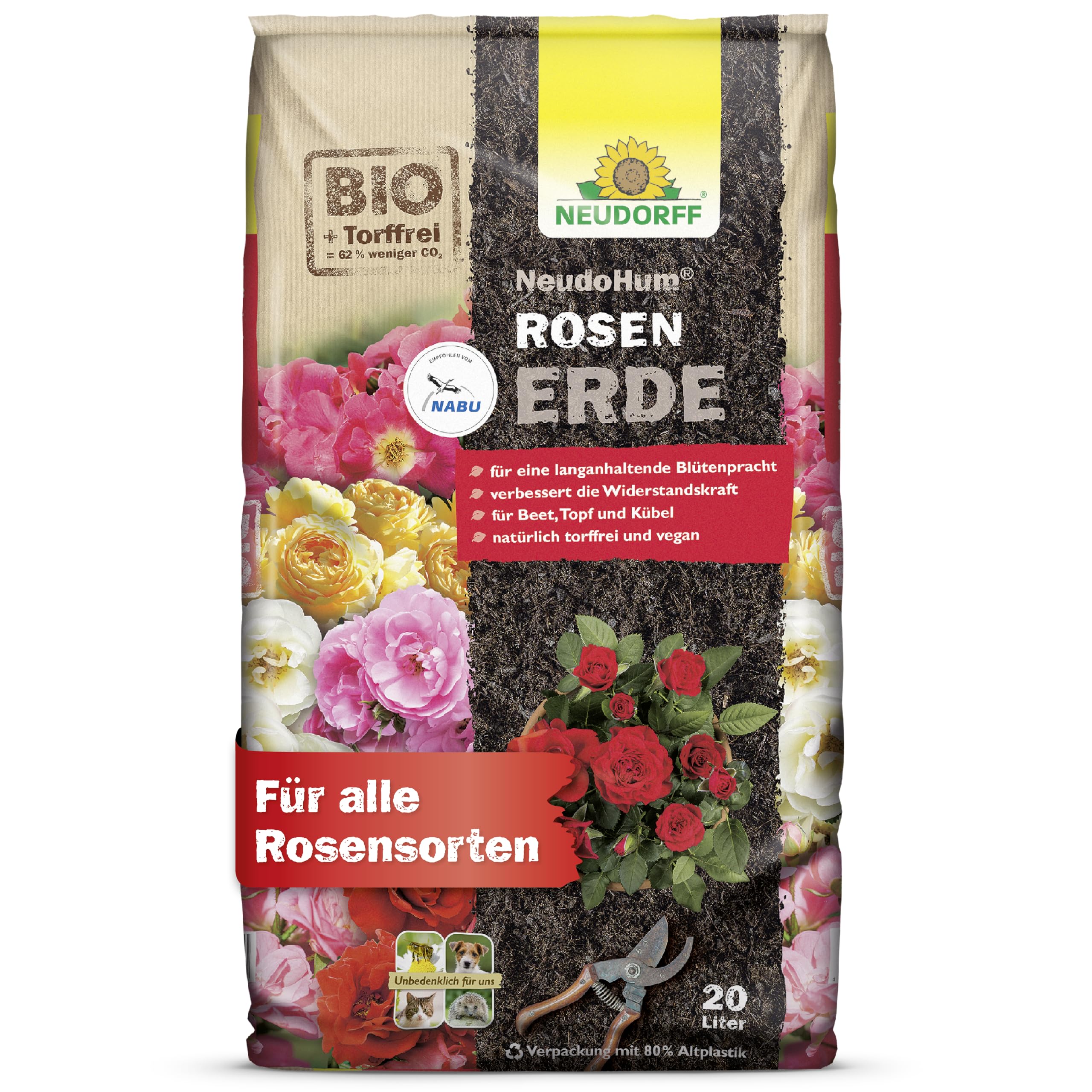 Neudorff NeudoHum RosenErde – Torffreie Bio-Erde mit Mycorrhiza fördert kräftige Rosen und Blüten. Ideal für Beet, Topf und Kübel, 20 Liter