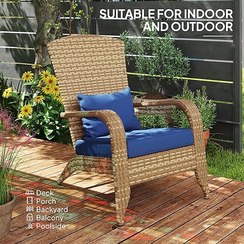 Miniatura 7 de Outsunny Silla Adirondack de mimbre para patio, para todo tipo de clima, con cojines suaves, respaldo alto curvado y cómodos reposabrazos