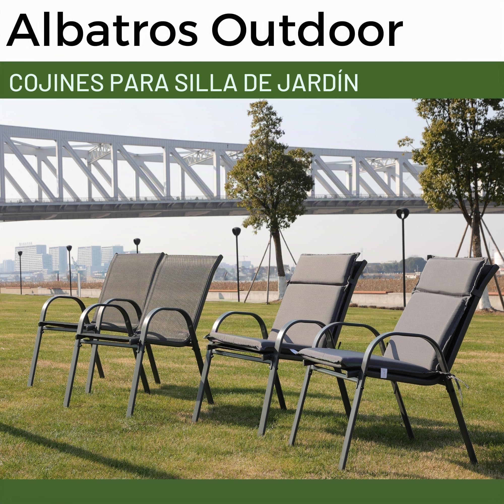 ALBATROS Juego de 4 cojines para silla de jardín, cojines para sillas de jardín, para exteriores, antracita, 99 x 45 cm, respaldo alto, resistente a los rayos UV, impermeable, adecuado para sillas