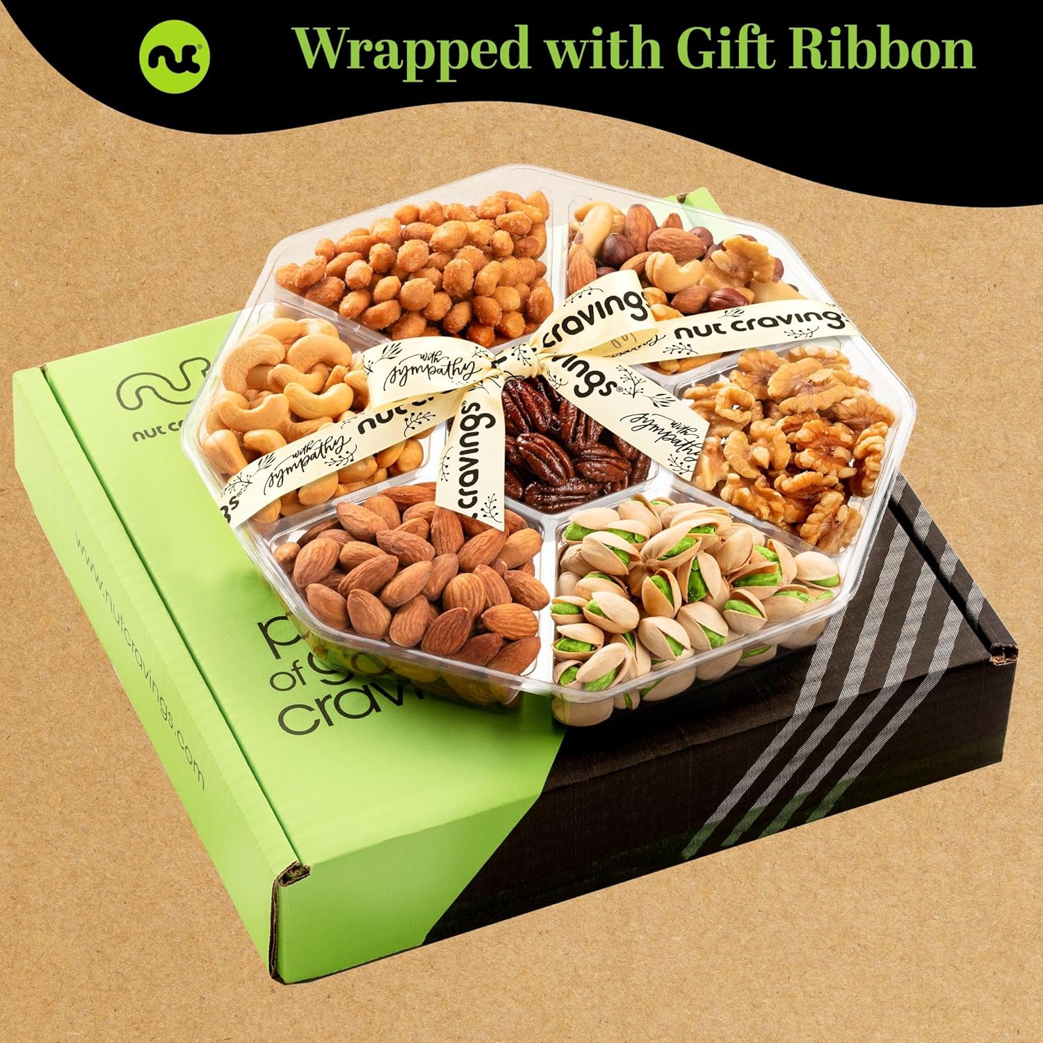 NUT CRAVINGS - Sympathy Condolence, Mixed Nuts Gift Basket with Sympathy Ribbon + Greeting Card (7 Assortments) Food Platter, Healthy Snack Care Package, Food Assortments