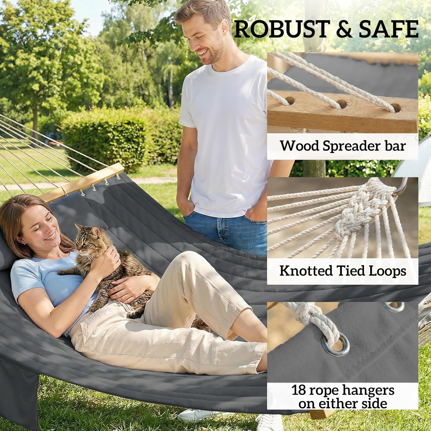 Outsunny Outdoor Hammock, 2-Person Hammock with Head Pillow and Pad, Wood Spreader Bars, 440 lbs Capacity, for Patio Yard Garden, 128" x 55", Gray
