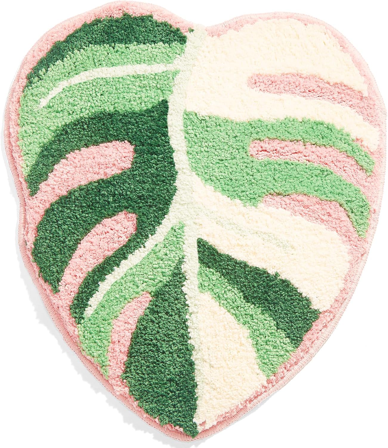 Variegated Monstera Leaf Bathroom Rugs-Tropical Monstera Shaped Cute Bath Mat for Bathroom Decor Aesthetic Non Slip Plant Rug Washable Trendy Pink Green Shower Mat 26''x21''