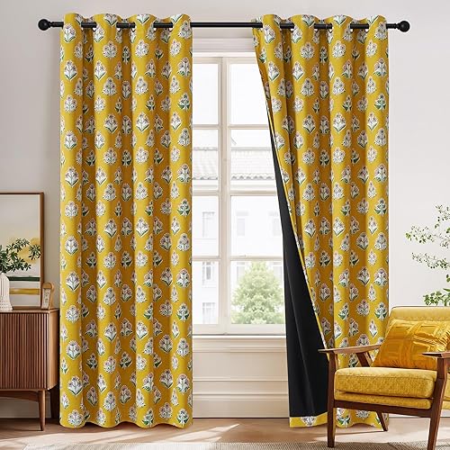 Miniatura 8 de RYB HOME 100% Blackout Mustard Yellow Floral Curtains for Living Room, Patterned Flower Curtains 84 Inches Long, Thermal Insulated Drapes Window