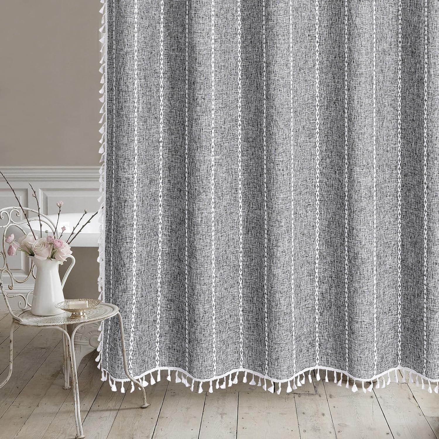 MitoVilla Dark Grey Boho Shower Curtains for Modern Farmhouse Bathroom Decor, Country Thick Polyester Linen Fabric Shower Curtain, Rustic Tassel Cloth Shower Curtain, 72 x 72, Charcoal Grey