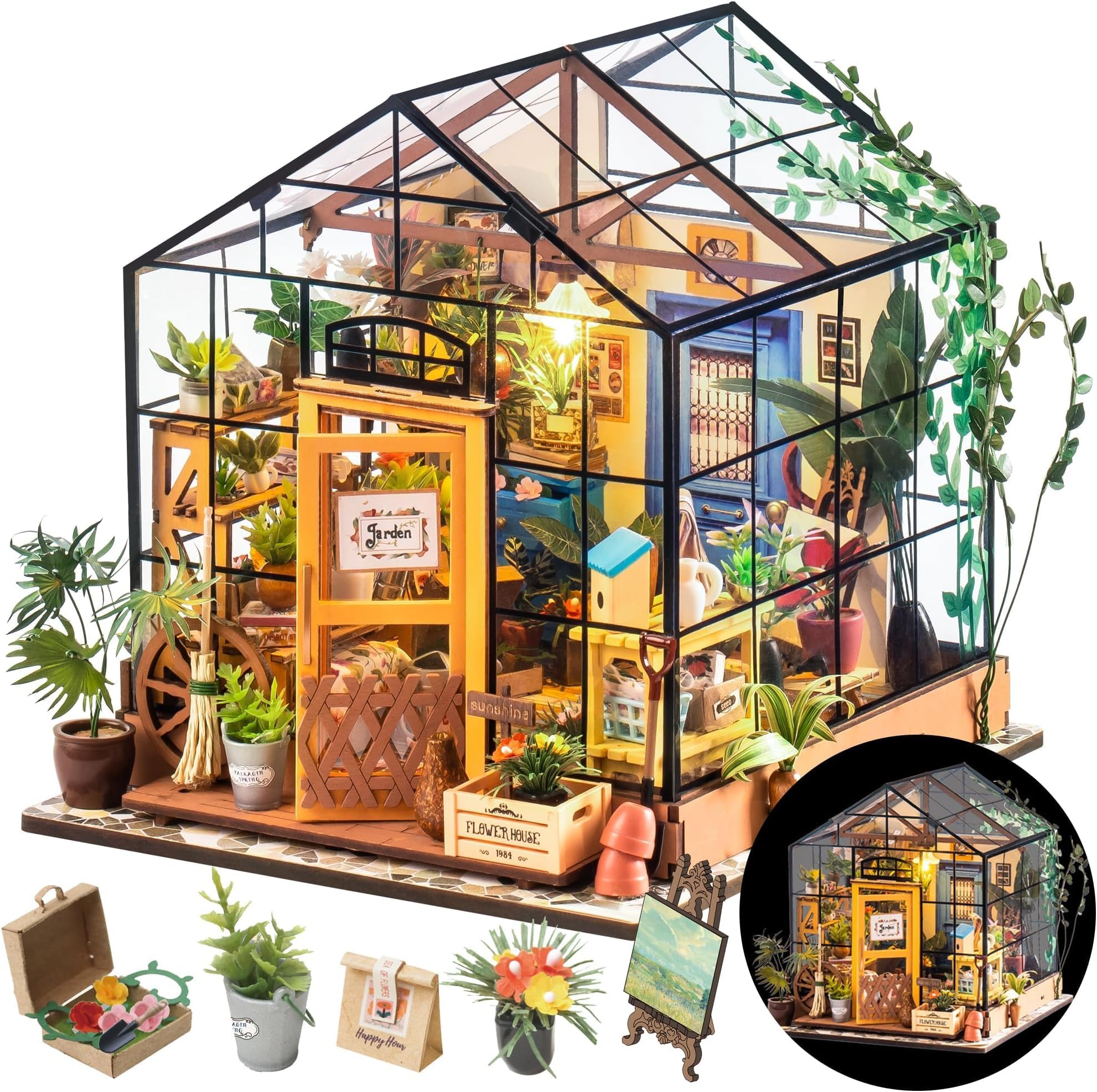 Doll House Kit Greenhouse, DIY Miniature Room with LED light, Wooden Model Building Kit for Adults, Cathy's Flower House for Christmas
