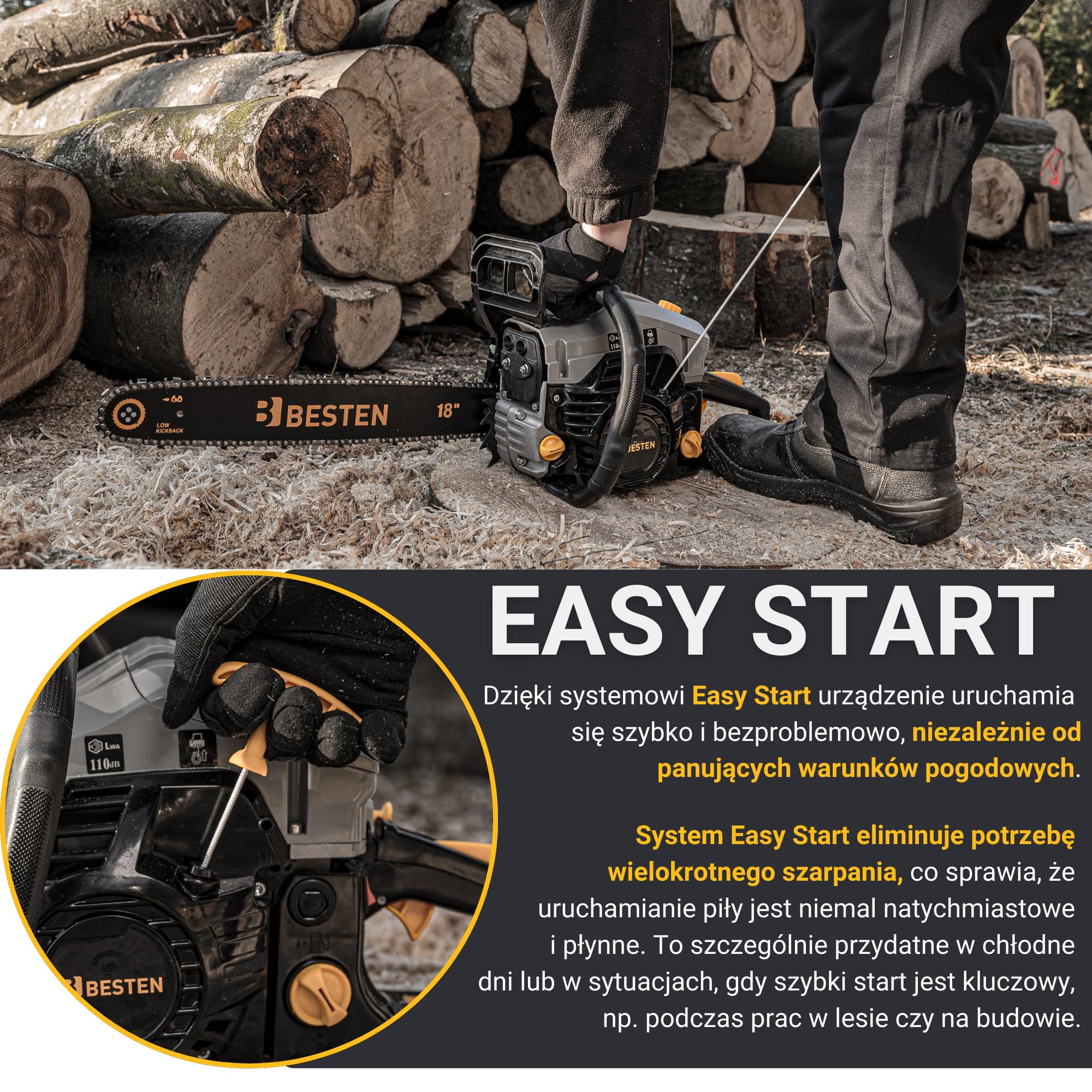 BESTEN Piła Łańcuchowa Spalinowa do Drewna 58CC, Piła Benzynowa z Hamulcem, Automatyczne Smarowanie, System EASY START, 2x Prowadnica, 2x Łańcuch