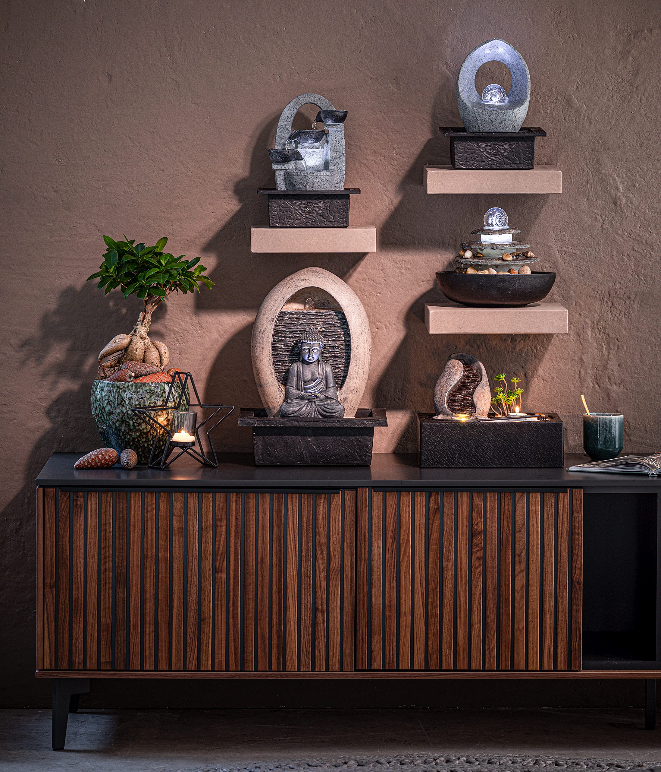 Dehner Zimmerbrunnen Malu mit LED Beleuchtung, ca. 40.5 x 30 x 23 cm, Polyresin, grau/beige