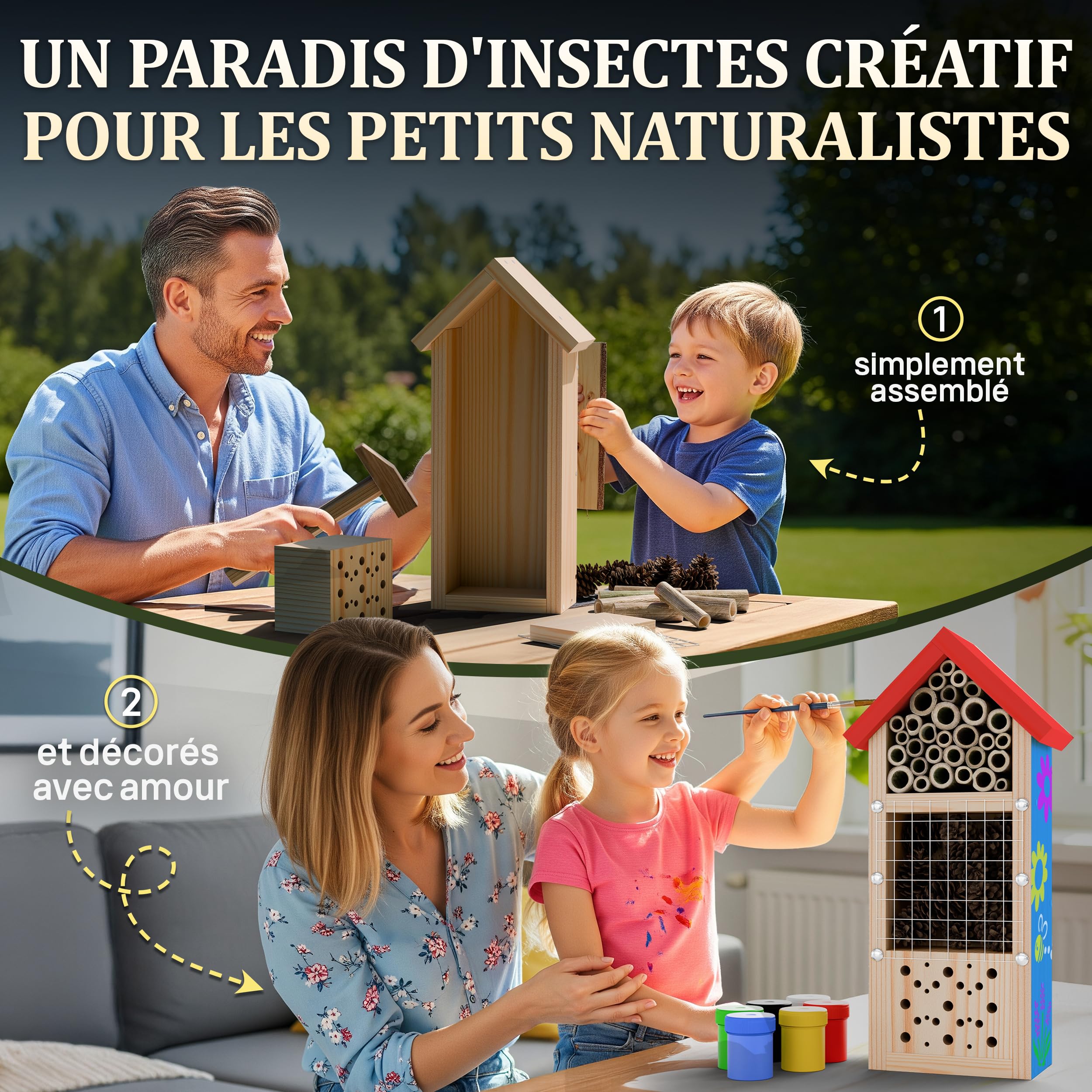 Eli Kit de construction d'hôtel à insectes pour enfants en bois de pin à peindre – Comprend 6 couleurs – Brosse – Marteau – Clous – Pochoirs et modèles – Maison d'abeille et hôtel pour jardin et