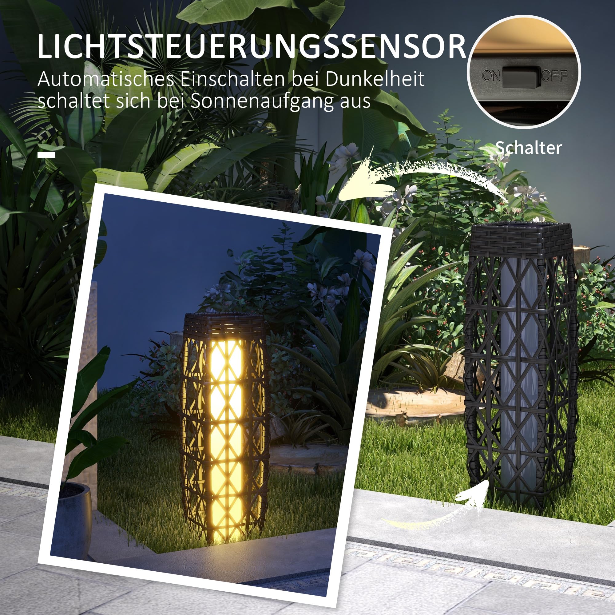 Outsunny Lampa solarna rattanowa z czujnikiem zmierzchu LED IP44 szara | Ładowalna, wodoodporna lampa zewn., anty-UV latarnia solar., do ogrodu, balkonu, trawnika, podwórka, ścieżki