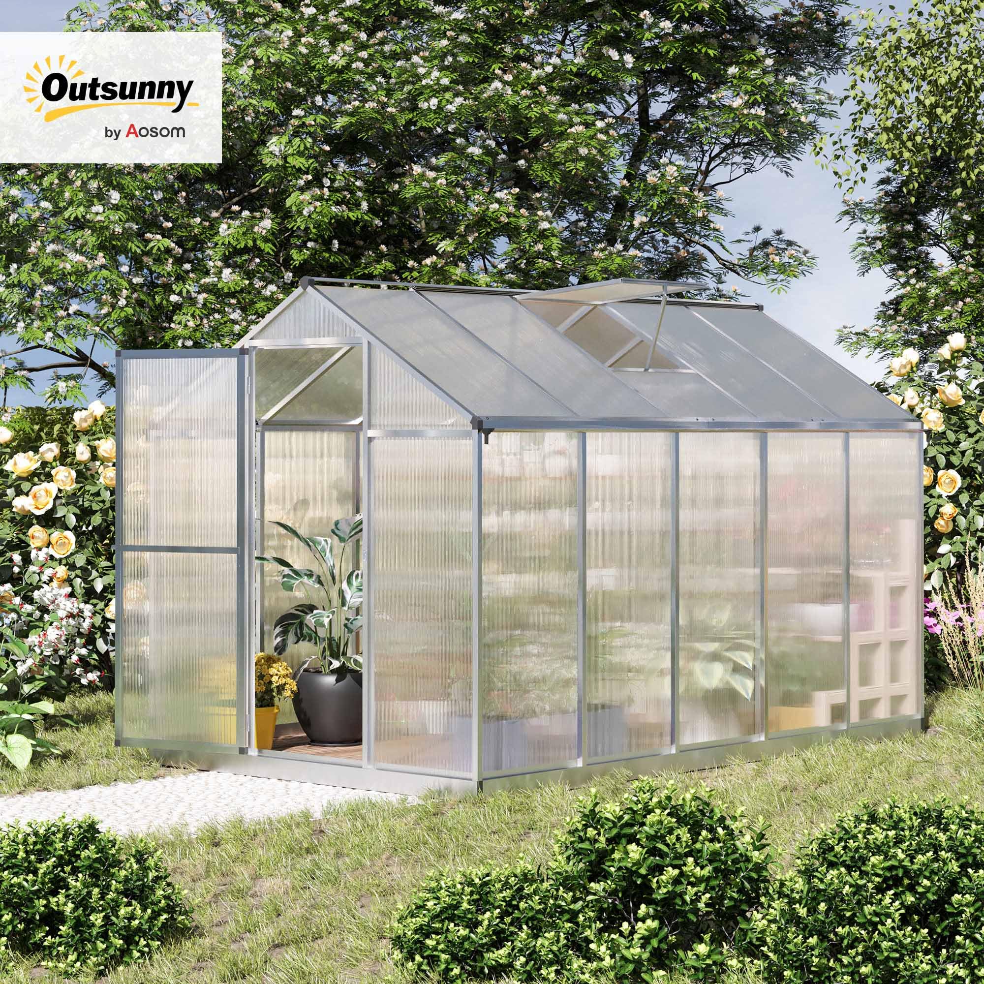 Outsunny Serre de Jardin en Aluminium Polycarbonate, Serre avec fenêtres supérieures réglables, Porte battante, abri extérieur résistant aux intempéries pour Plante Fleur, 303x183x195 cm, Transparent