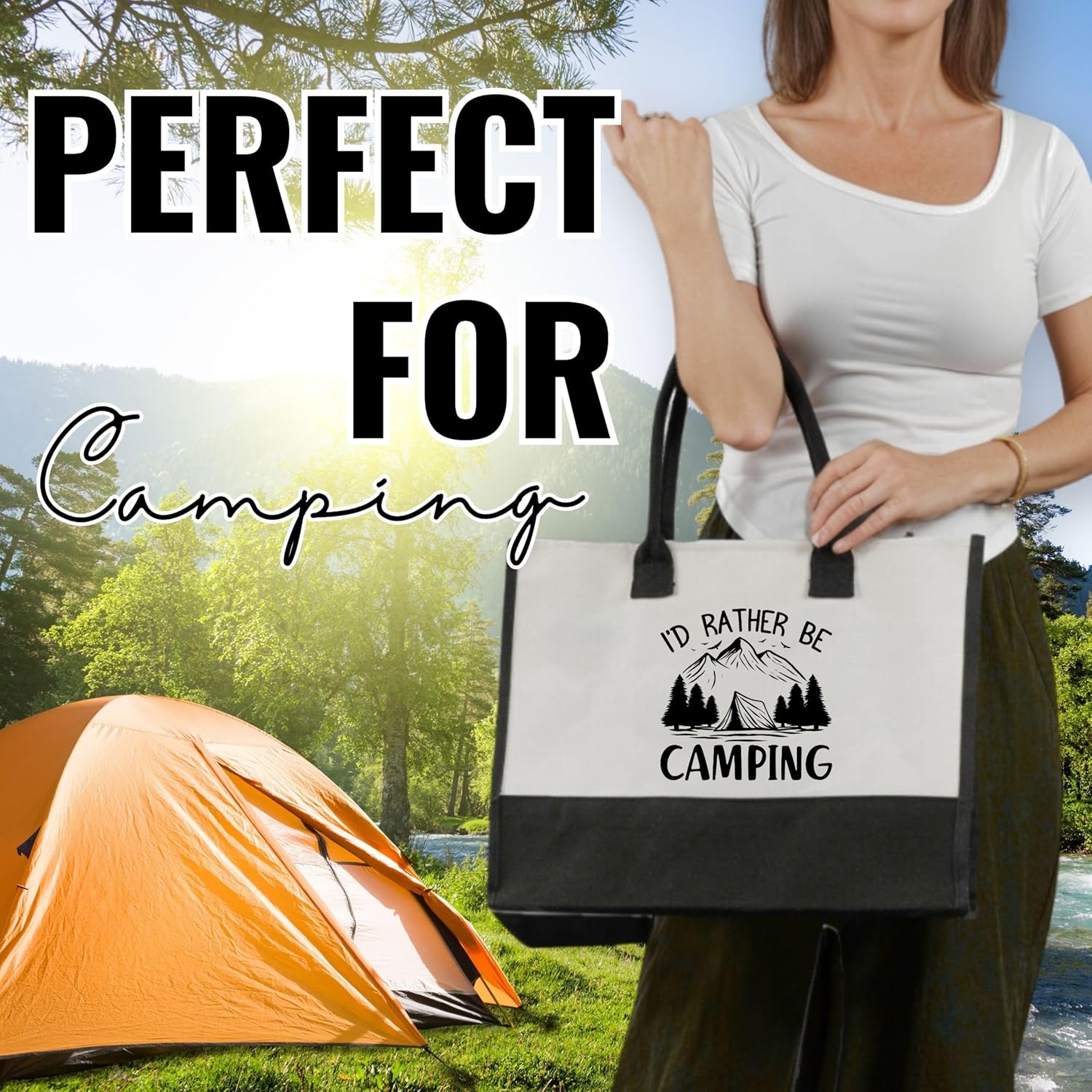 InnoBeta Camping Gifts for Women, Funny Canvas Tote Bag for Friends, Coworkers, Bag with Zipper & Shoulder Strap for Birthday, Rather Be Camping