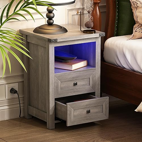 Miniatura 5 de BORNOON Mesita de noche con estación de carga y luces LED, mesa auxiliar con 2 cajones para dormitorio, mesa auxiliar con estante abierto, mesita de