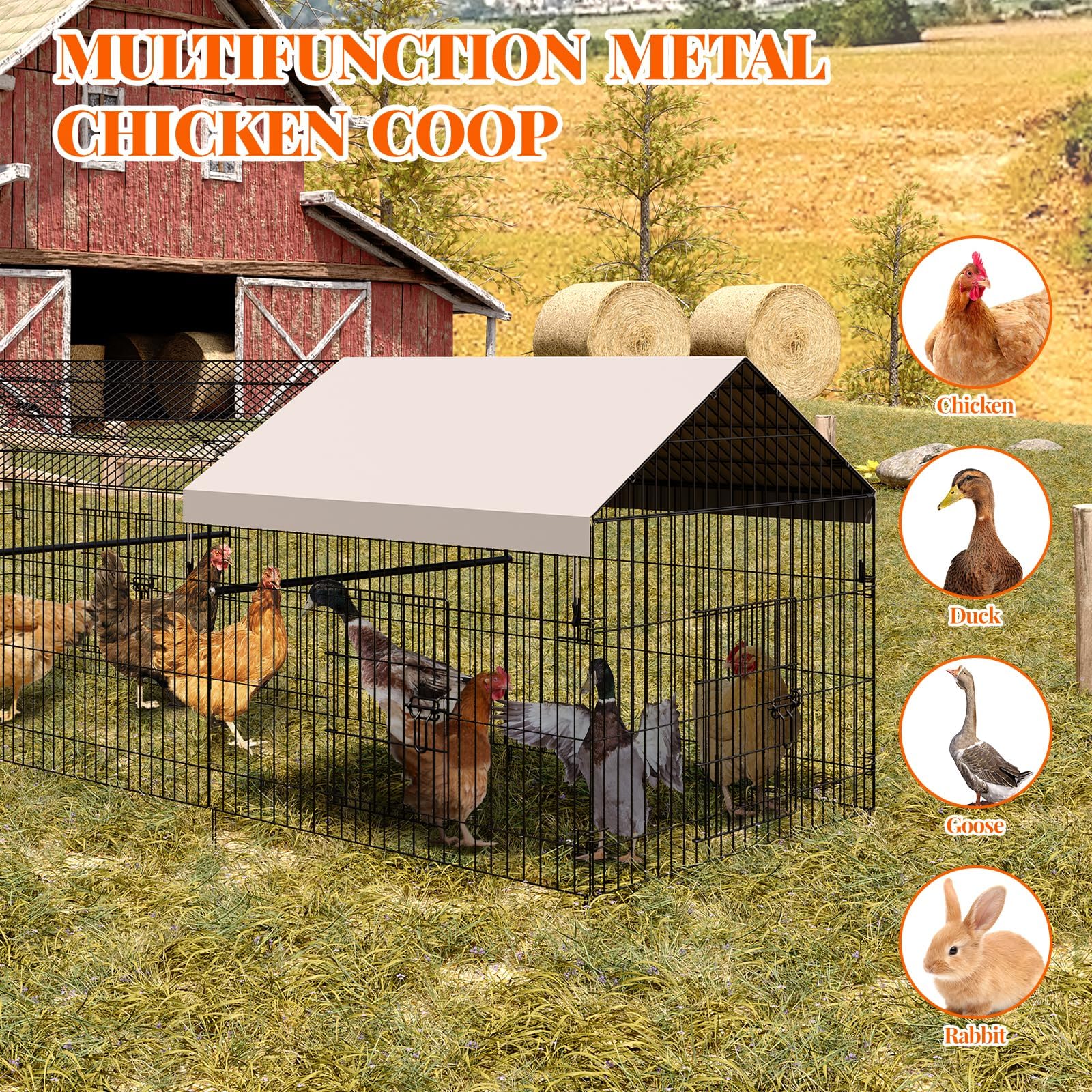 Gran gallinero al aire libre con metal parque tostado, recinto de gallinero con cerradura de seguridad, funda impermeable y antiUV, estacas de tierra, para gallinas, conejitos y animales pequeños (3,3
