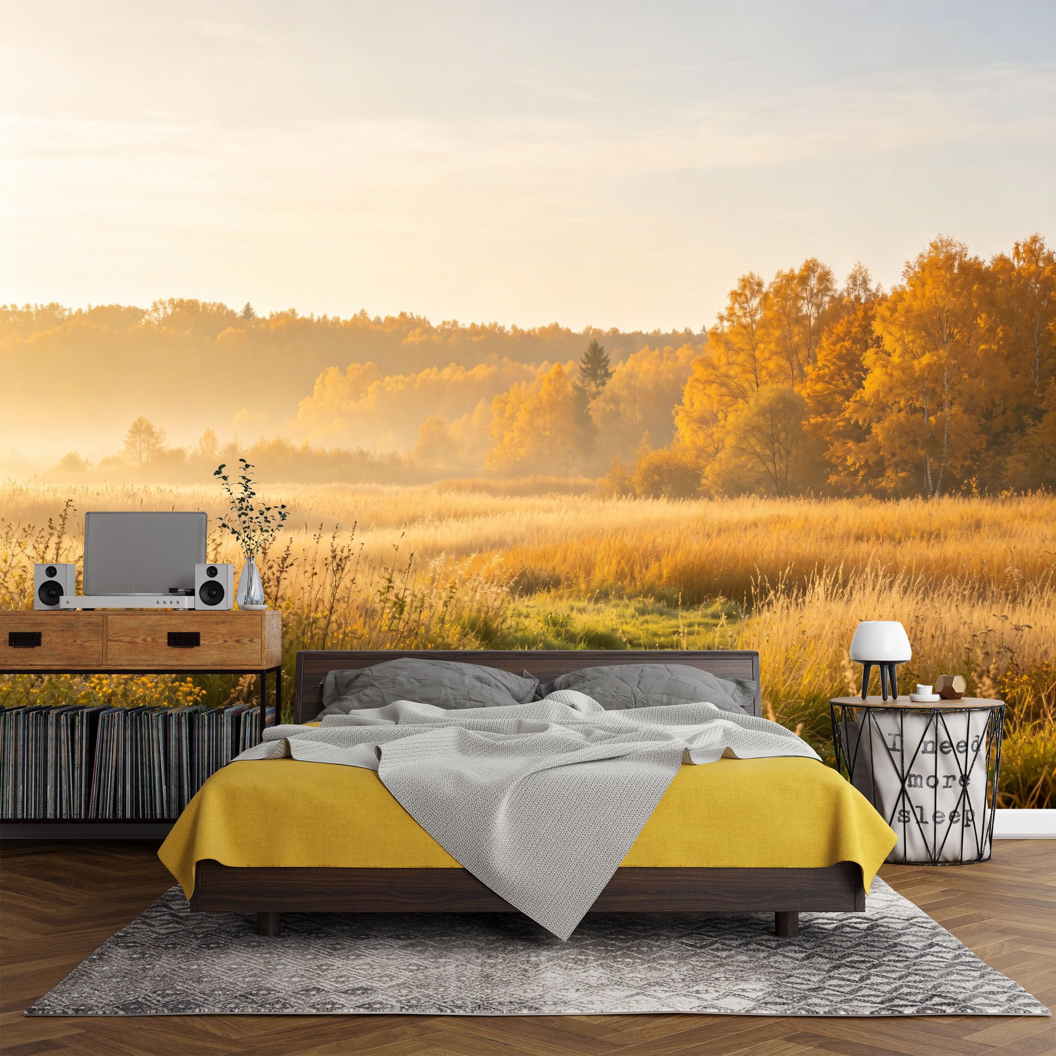 Custom Size Wall Mural， Landscape Autumn Forest Meadow Sunrise Mist Nature Scenery，SelfAdhesive Art Prints wall Fabric (No PVC) Removable Wallpaper Living Room Decor