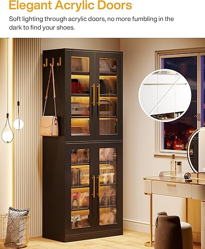 Miniatura 8 de Tribesigns Armario de almacenamiento de zapatos negro con puertas acrílicas y luces LED, estante organizador de zapatos de entrada de 8 niveles alto