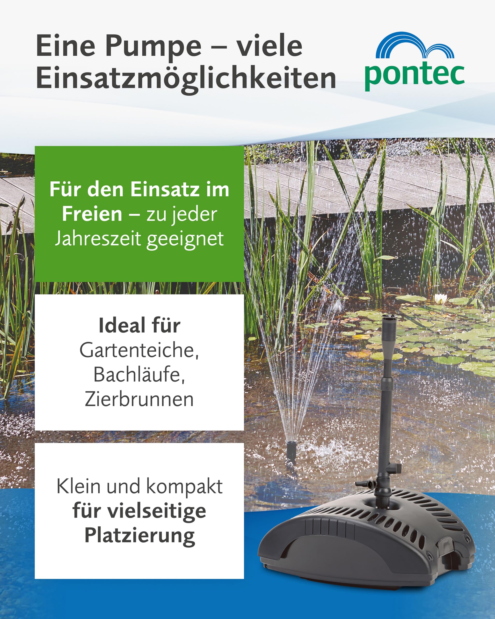 Pontec PonDuett 5000 – 2-in-1 Unterwasserfilter mit Wasserspielpumpe – Teichpumpe mit Filter – Teich Springbrunnen für Teiche bis 5.000 l – Filter mit Springbrunnenpumpe - 4 Fontänenaufsätze