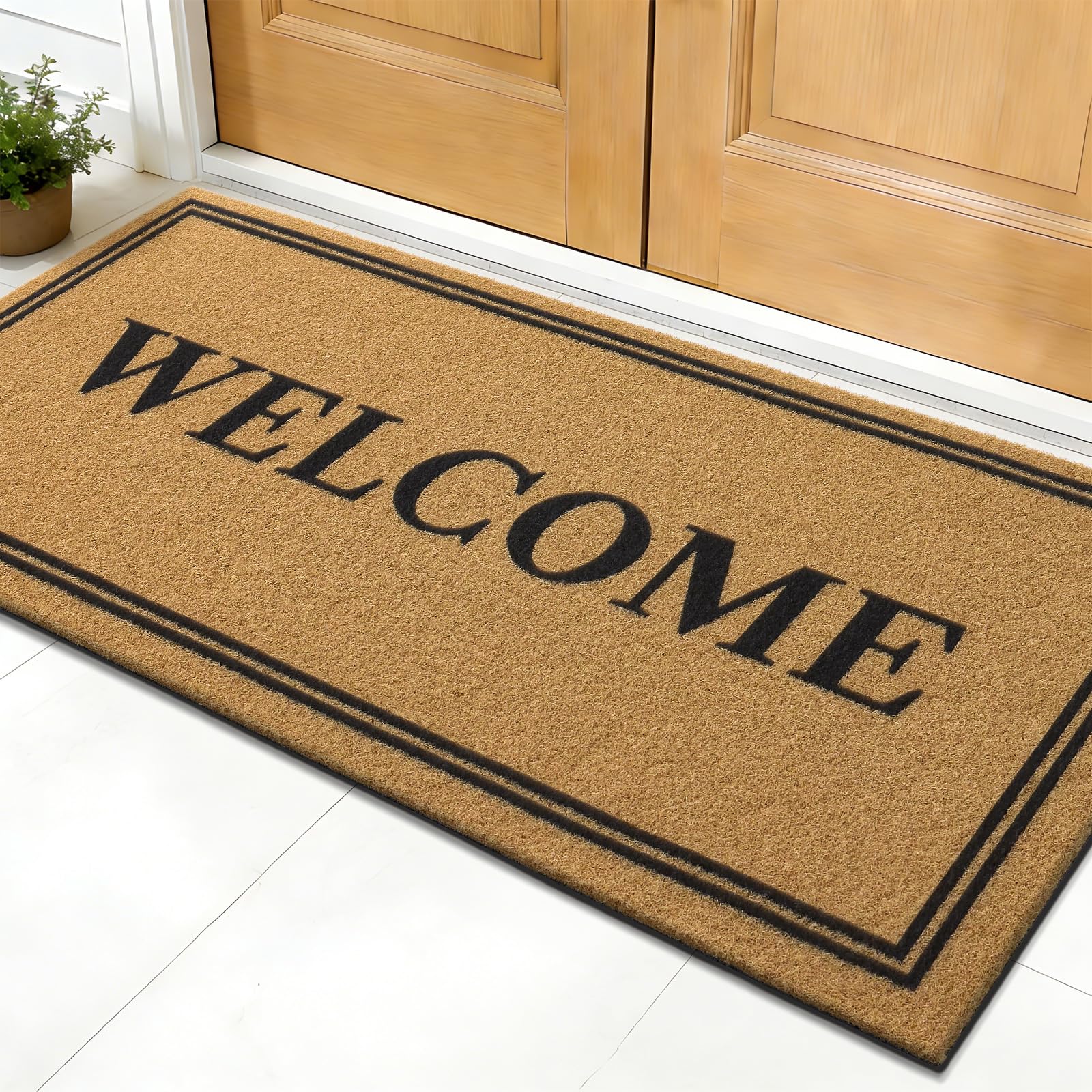 OLANLY Front Door Mat, Low Profile Doormat, Stain and Fade Resistant, Easy to Clean, for Indoor and Outdoor Entrances, Patio Porch or Entryway, Brown (47x23 Inch, Welcome)