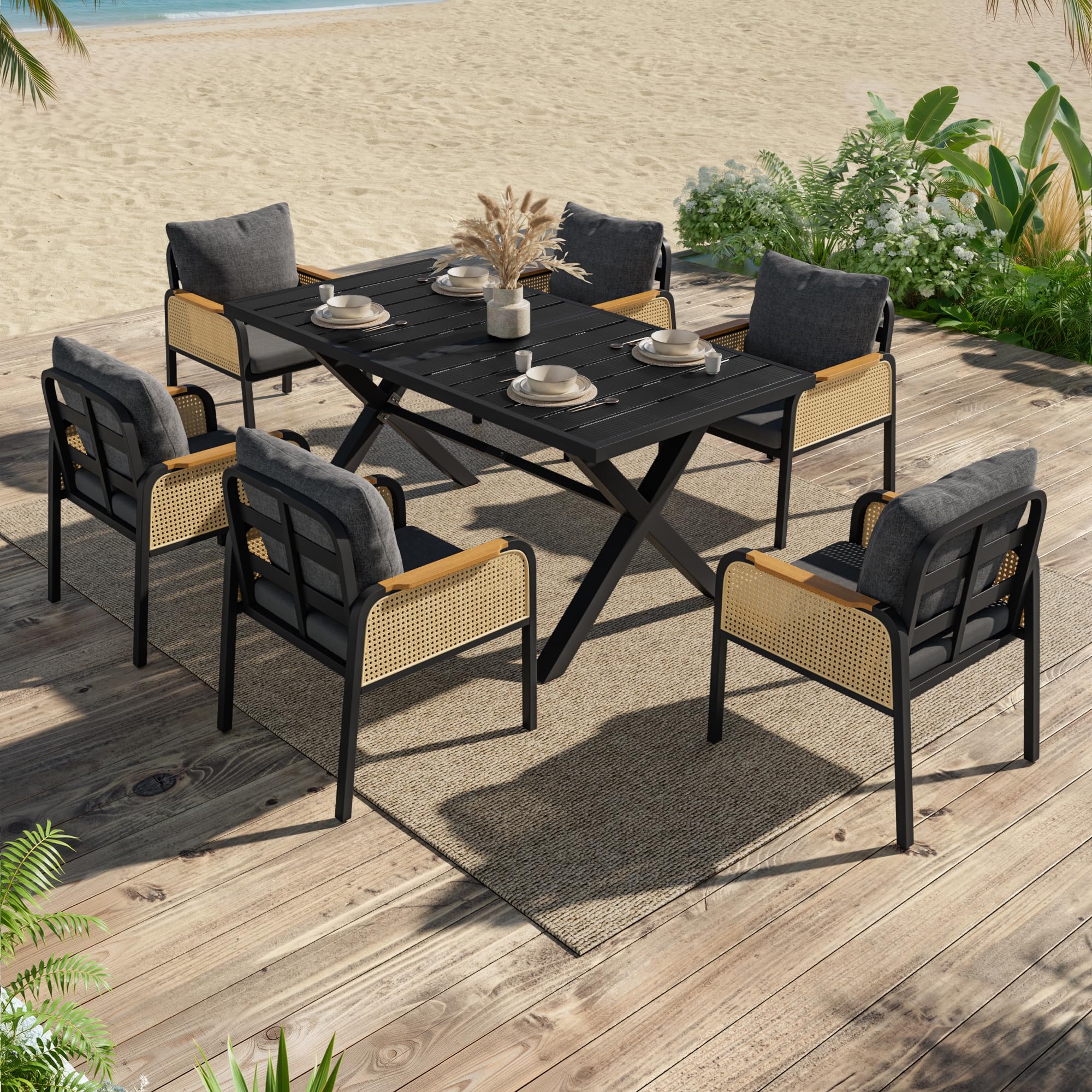 Conjunto de Jardin Exterior para 6 Personas, 7 Piezas, Set Muebles Jardin con 6 Sillones de Ratán y Mesa, Sillas con Cojines, Juego de Muebles de Jardín para Terraza Patio (Negro + Natural)