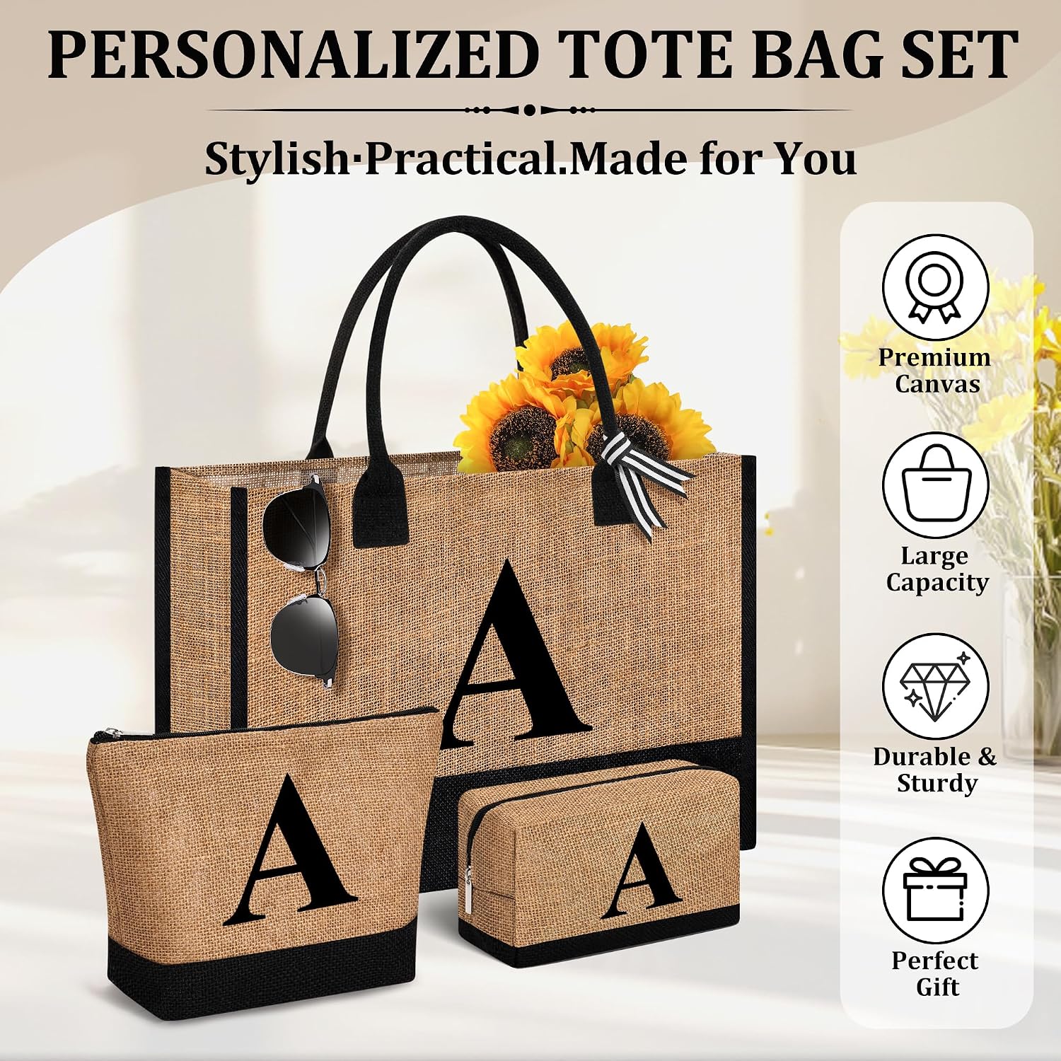 Tecanne Initial Canvas Jute Tote Bag for Women, Monogrammed 3-Piece Gift Bag Set with Makeup Pouch image 2