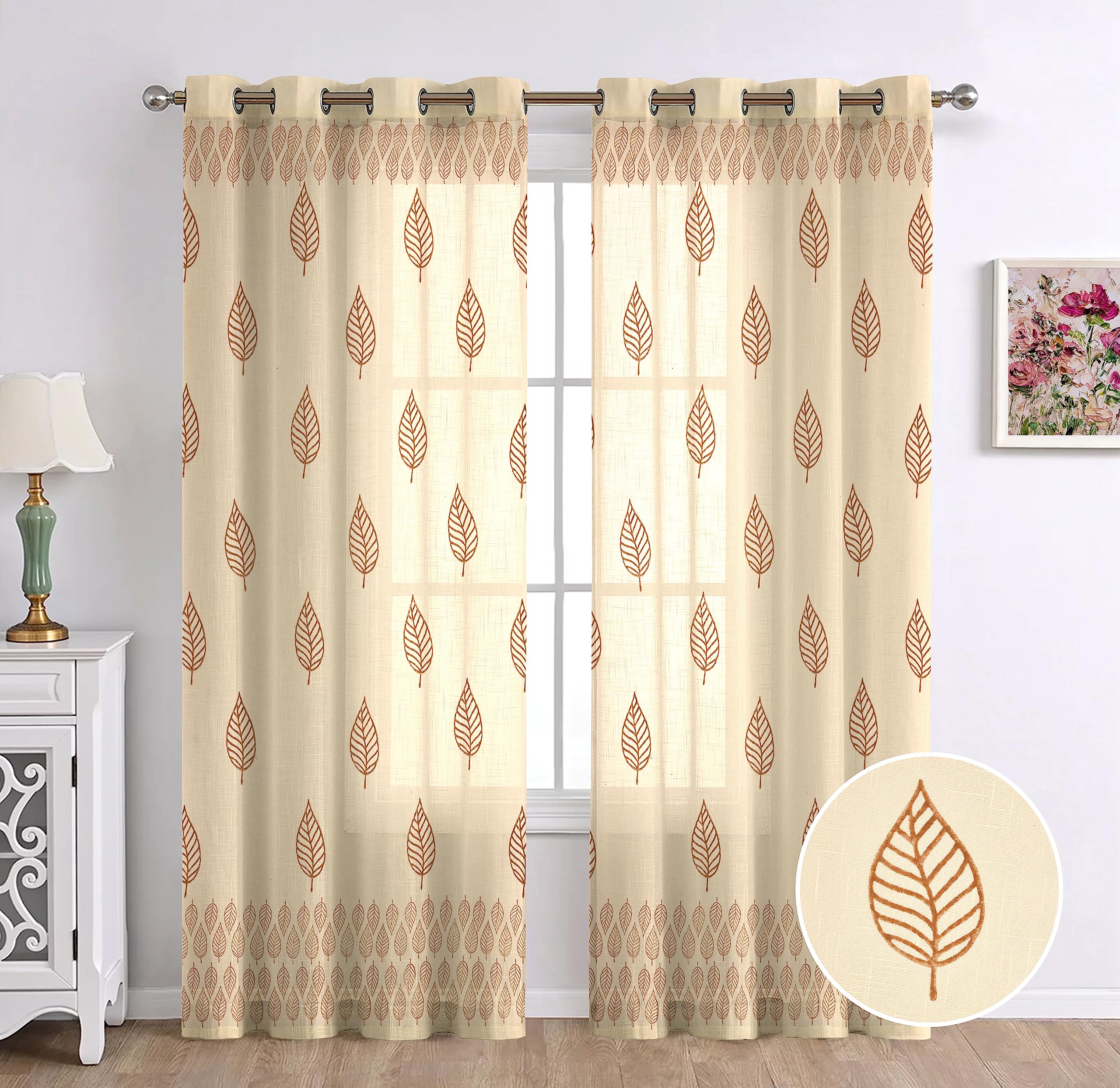 THE LINEN COMPANY Cotton Linen Solid Sheer Window Curtain Set With Steel Eyelet Rings, 5 Feet, Paan Hand Block Print, Set Of 2