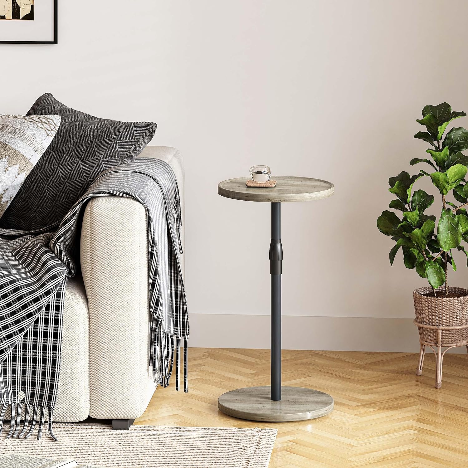 adjustable end table, small round side table, drink table for small spaces, pedestal nightstand for living room, bedroom, sofa couch, oak et-010qk