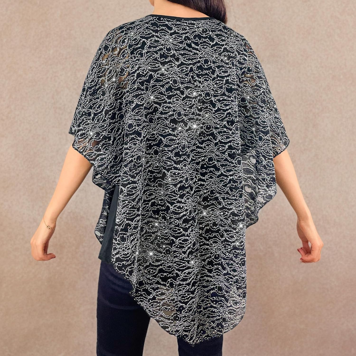 Brittany Black Women’s V-Neck 3/4 Sleeve Lace Poncho Floral Print Knit Blouse - Image 6