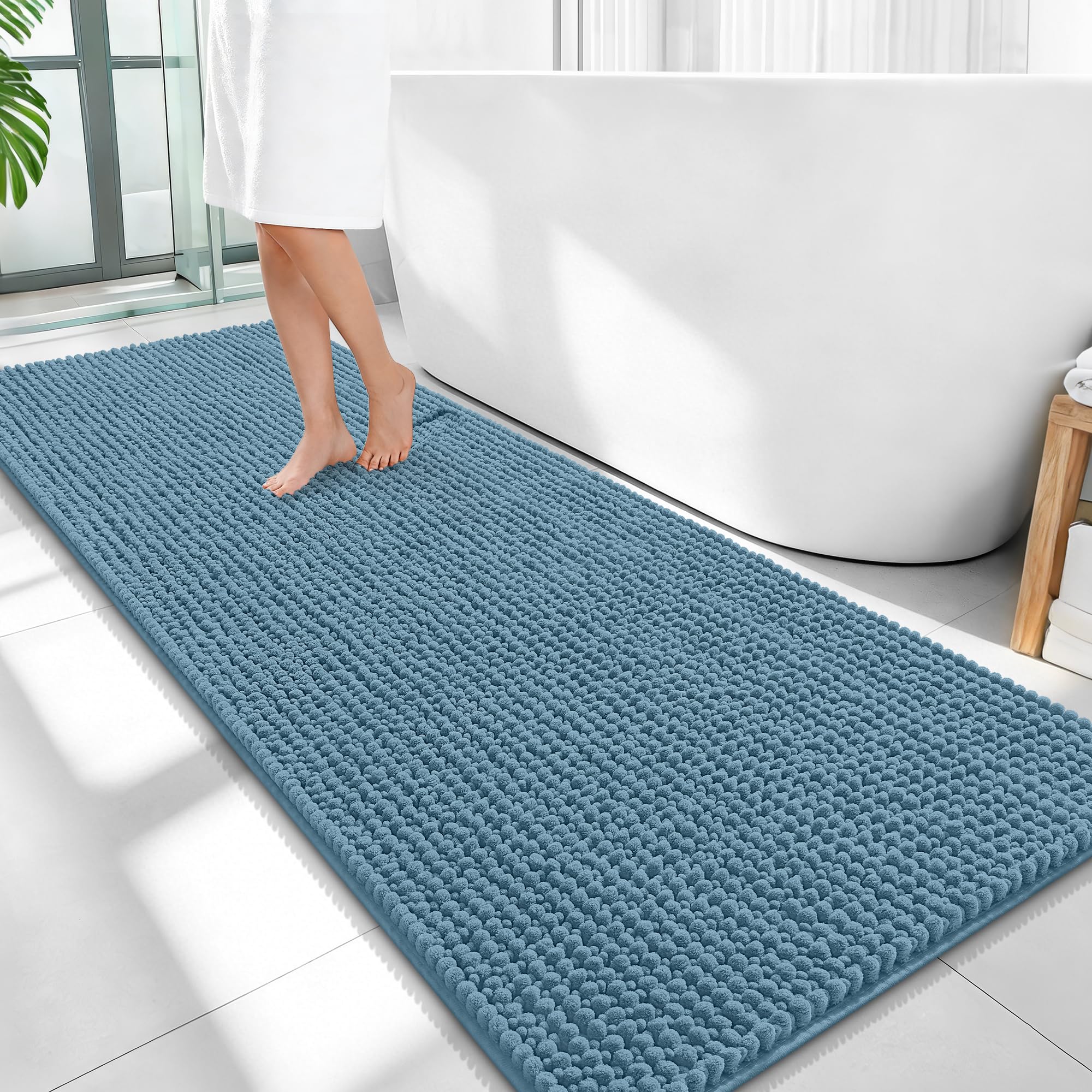 OLANLY Thick Chenille Bathroom Runner Rugs Mats 59x24, Airy Blue