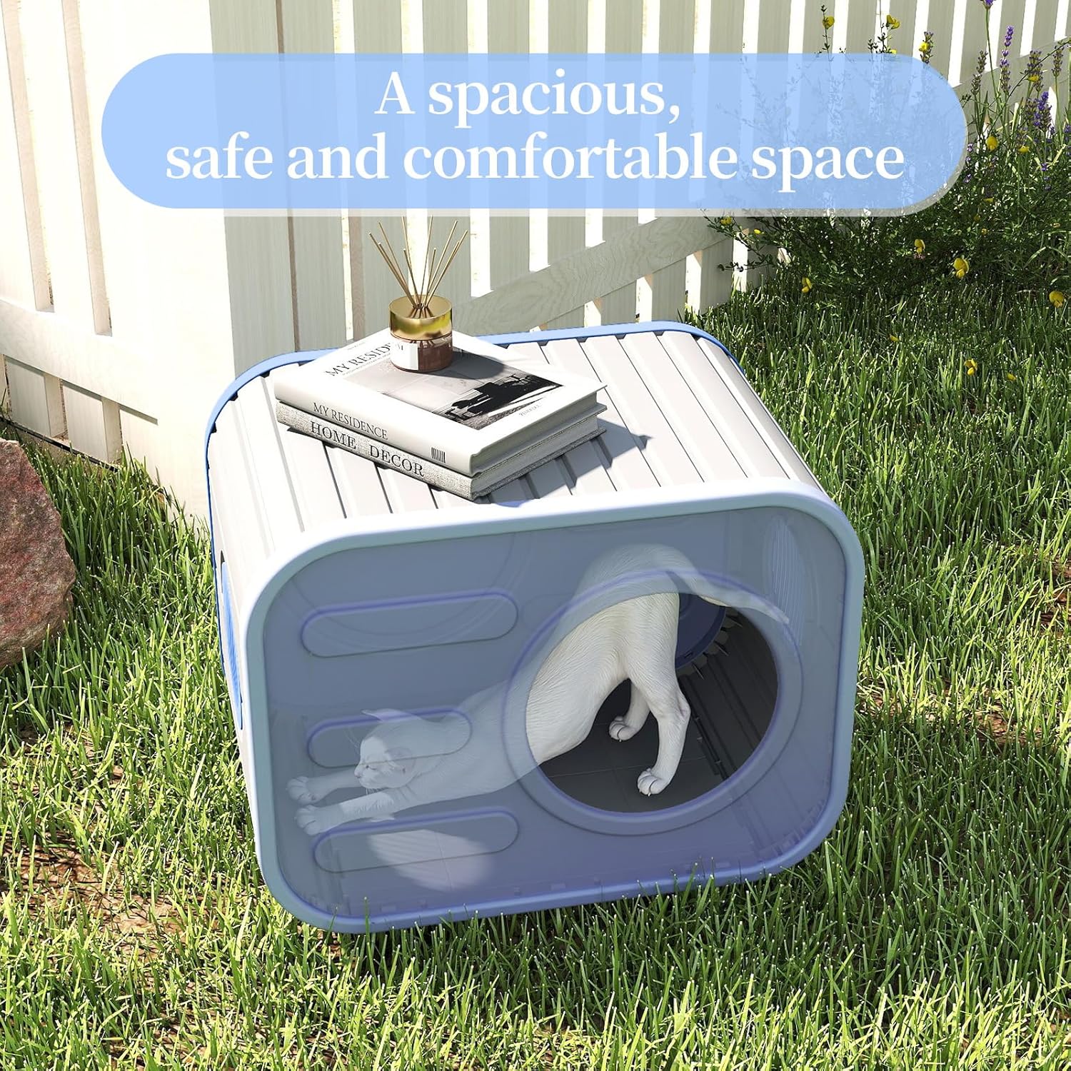 PatioZen Cat Bed for Indoor Cats Cube House Weatherproof,Plastic Insulated Feral Shelter with Elevated Floor,Stackable Pet House Wave for Bedroom Yard and Patio,Versatile(Blue)