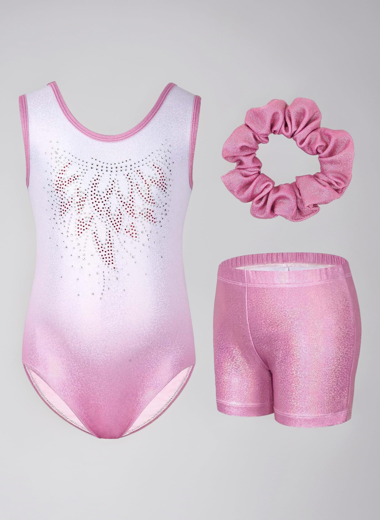 Girls' Three-Piece Gymnastics Set, Sleeveless Leotards with Shorts and Hairband, Sparkling Ballet Dancing Unitards - Gymnastics Outfit with Gradient Color Design for 3-12 Years
