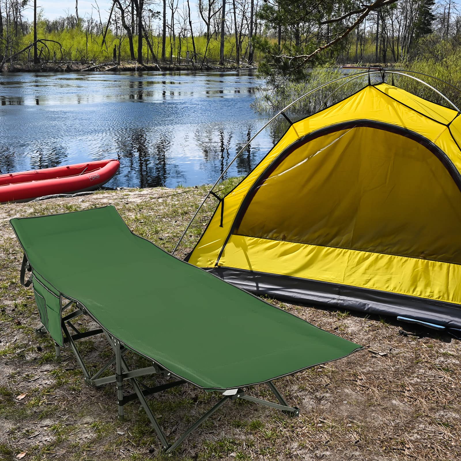 COSTWAY Brandina da Campeggio Pieghevole, Letto Portatile con Poggiatesta Inclinato, Tasca Laterale e Borsa di Trasporto, Branda Campeggio per Backpacking, Ospiti e Pesca, Portata 272 kg
