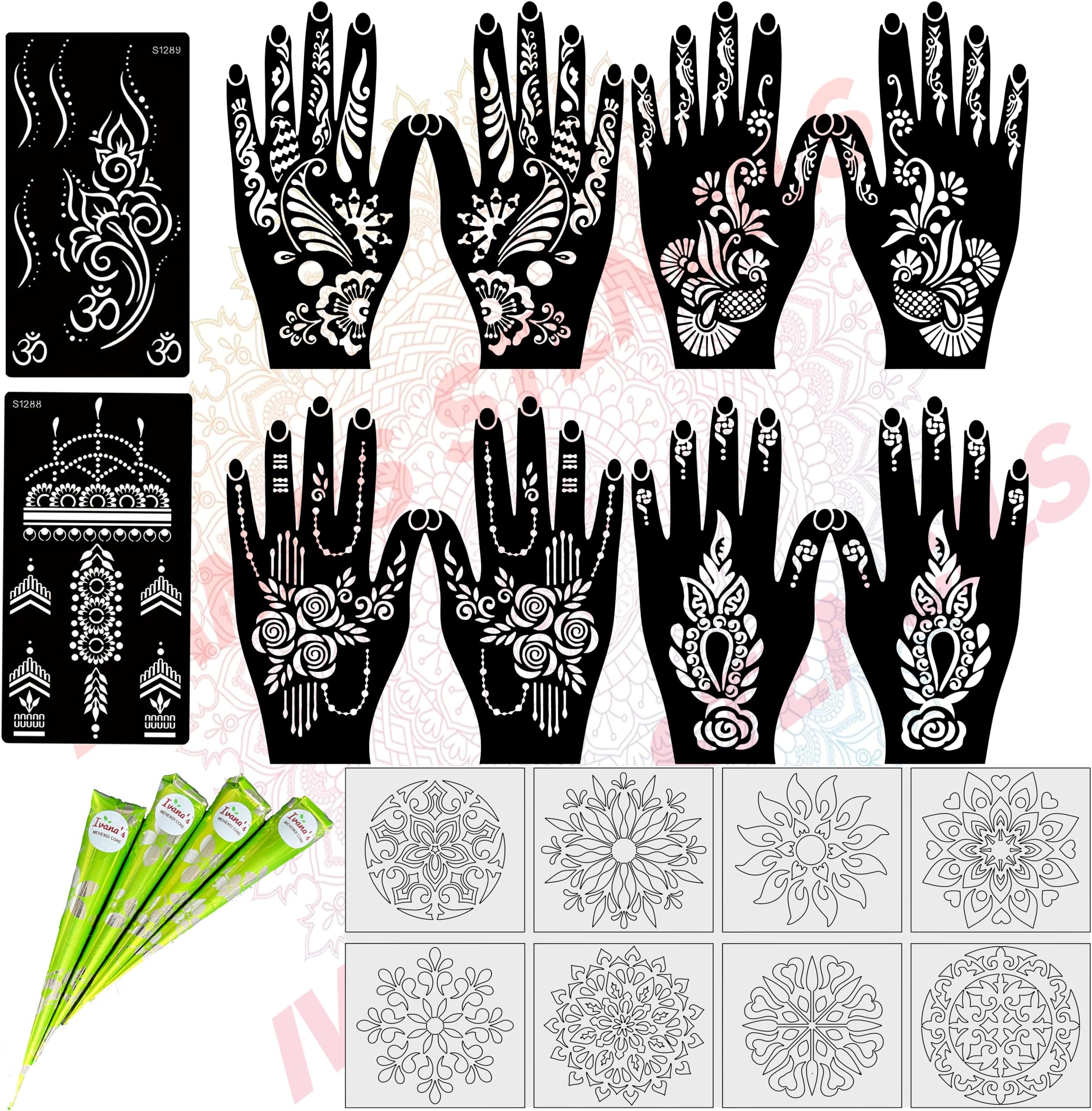 Ivana's Mehndi Tattoo Stencil Mehndi Design for Hands Set of 22 pc Combo Pack with Mehandi Cone 4 Pcs,8 Pcs Reusable Stencils for Women, Girls and Kids, Easy to Use in Just 4 Simple Steps- CPM-2017