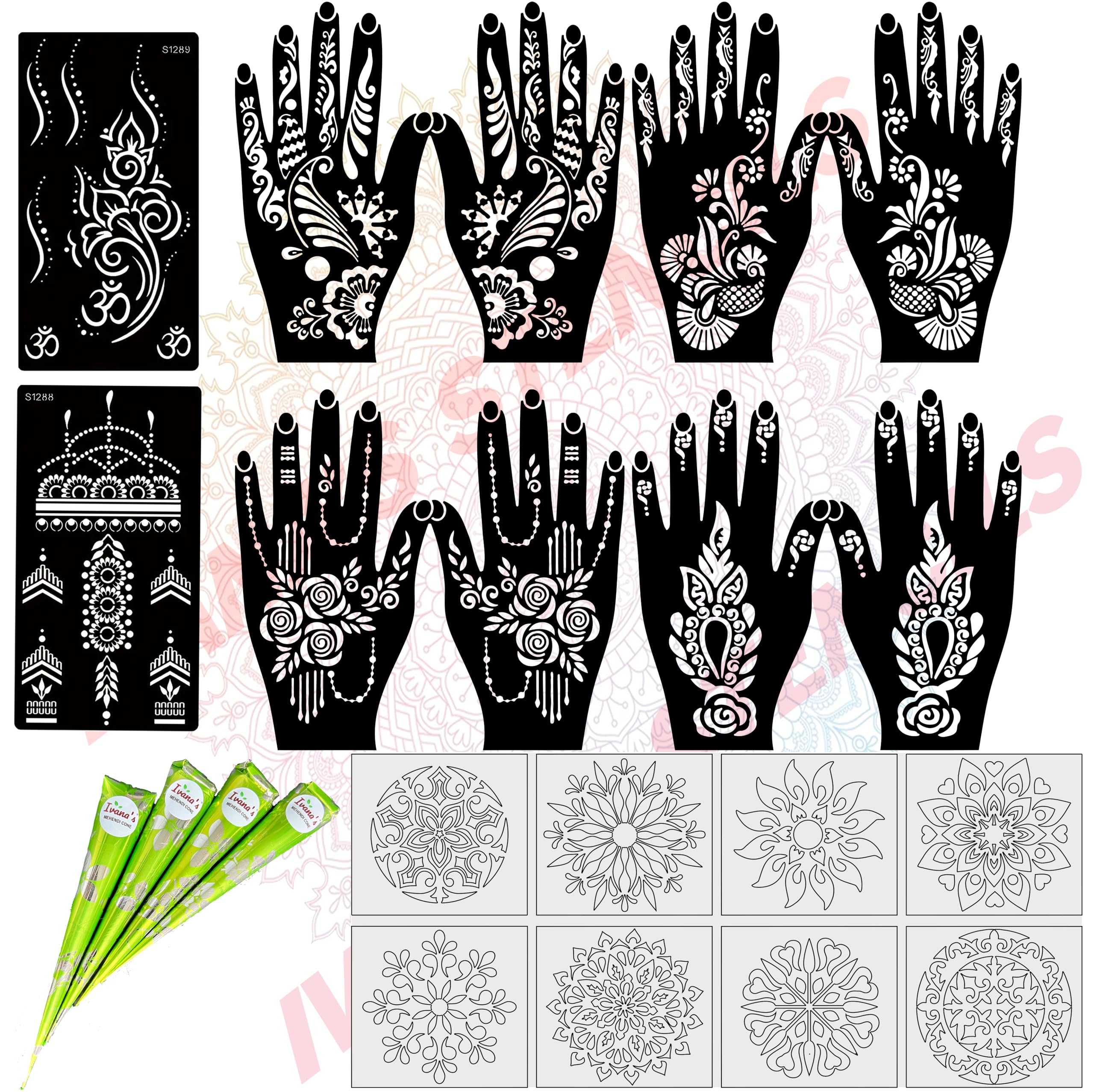 Ivana's Mehndi Tattoo Stencil Mehndi Design for Hands Set of 22 pc Combo Pack with Mehandi Cone 4 Pcs,8 Pcs Reusable Stencils for Women, Girls and Kids, Easy to Use in Just 4 Simple Steps- CPM-2017