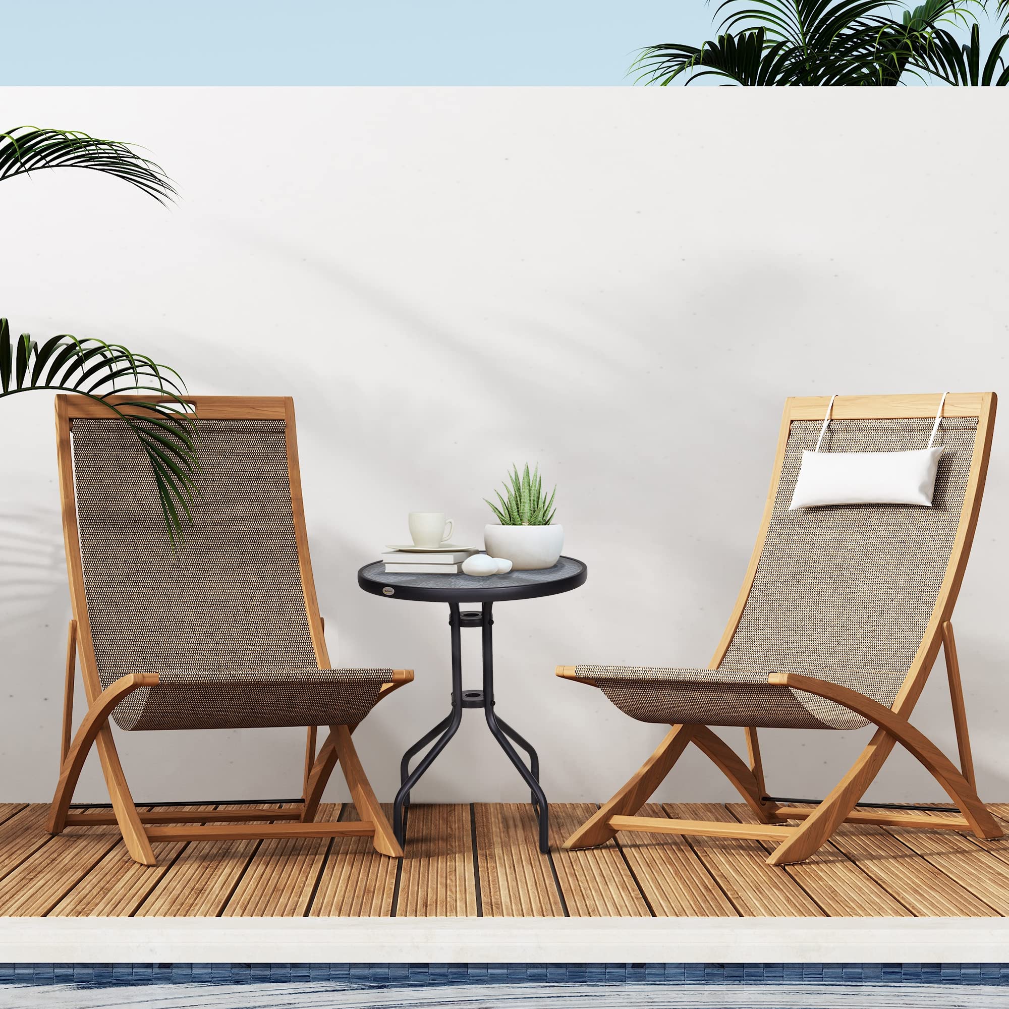 Outsunny Mesa de Jardín Redonda con Encimera de Vidrio Templado Decorativa y Marco de Metal para Patio Terraza Balcón Comedor Ø60x70 cm Negro