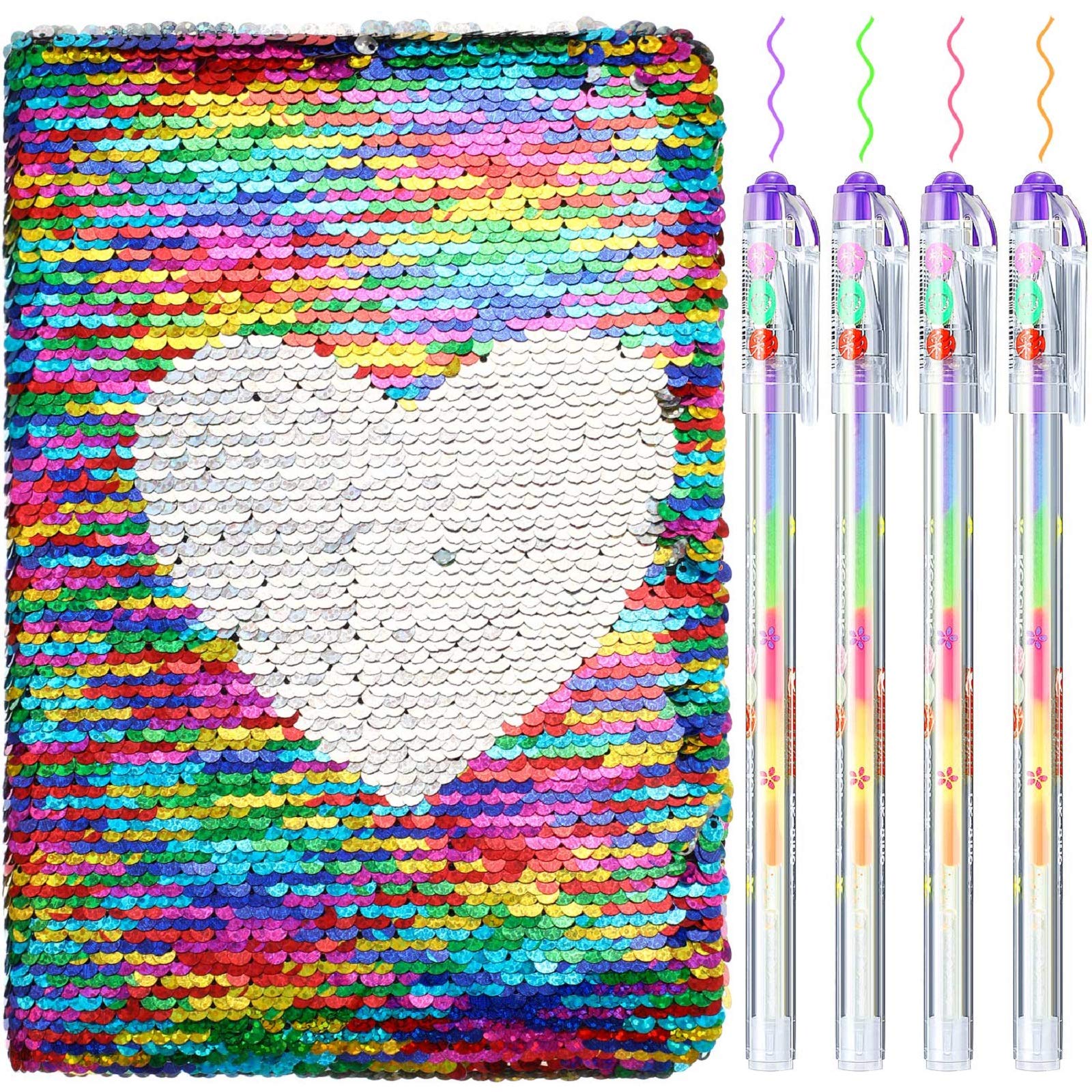Outus 4 Pcs Sequin Notebook Christmas Journal Gift, Rainbow Color, Heart