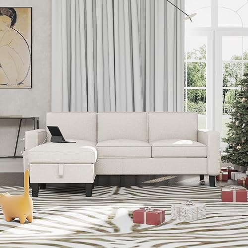 Miniatura 6 de Lonkwa Sofá modular convertible, sofás beige para sala de estar, USB + tipo C, puertos rápidos y otomana de almacenamiento reversible, sofá de 3