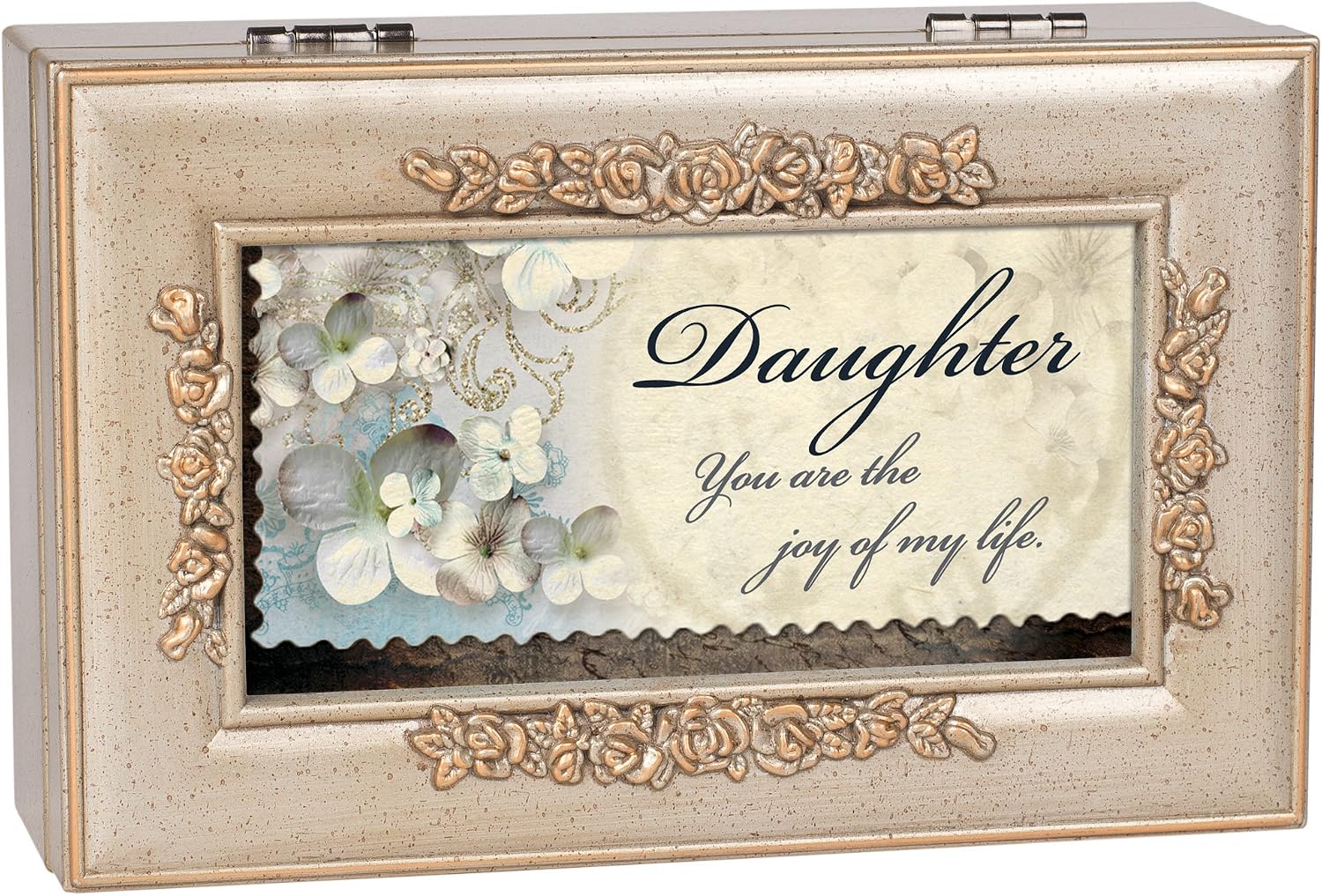 Cottage Garden Daughter You are the Joy Silvertone Embossed Floral Jewelry Music Box Plays You Light Up My Life image 3