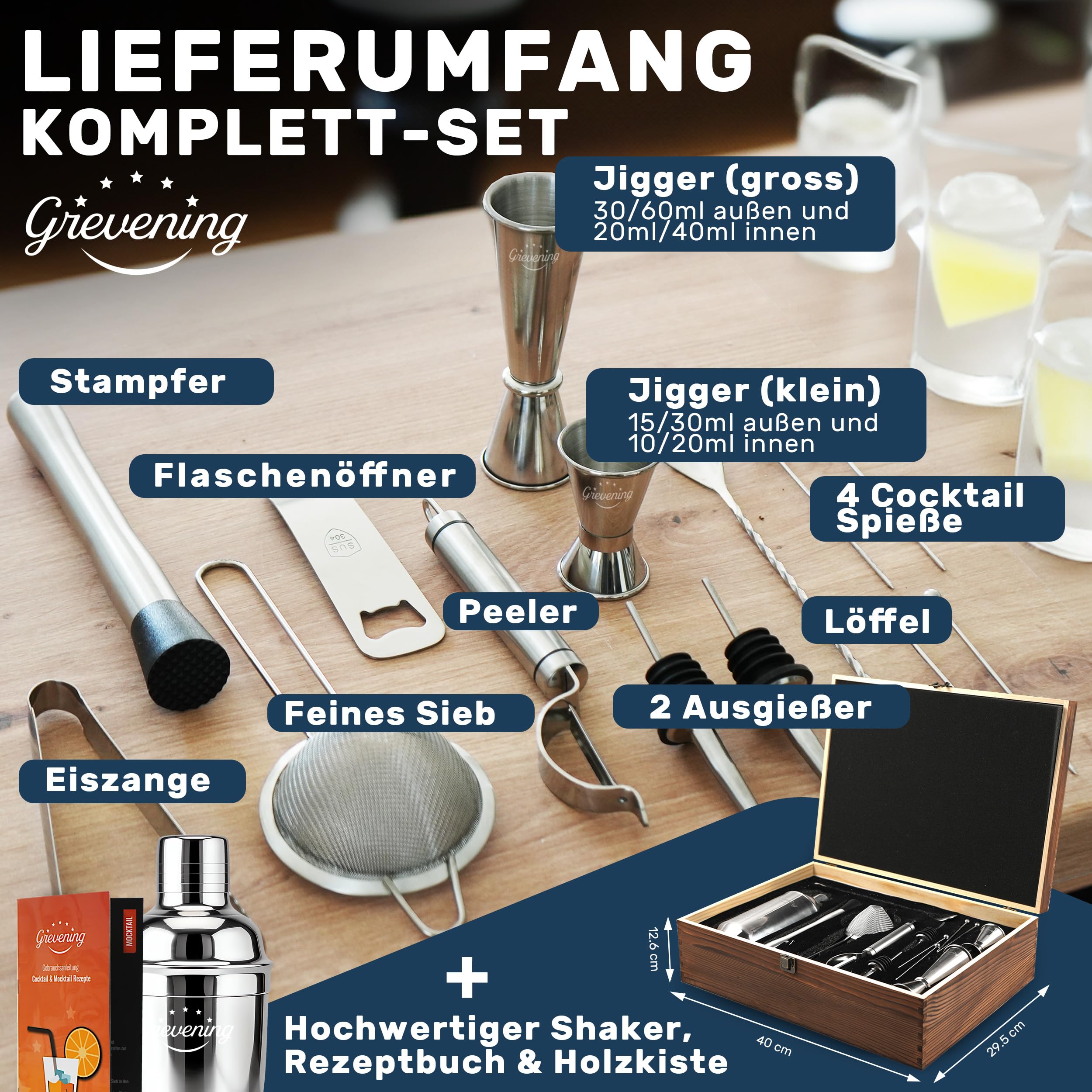 Shaker à cocktail 16 pièces dans une boîte en bois pratique et élégante, superbe emballage cadeau avec livre de recettes pour débutants et professionnels, acier inoxydable 304 de qualité