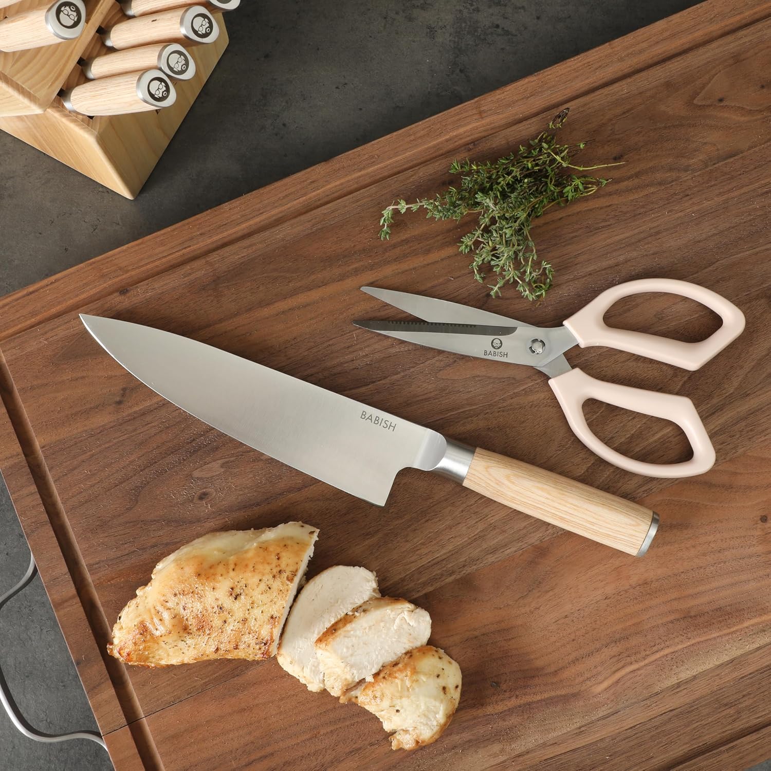 Babish High-Carbon 1.4116 German Steel 15 Piece Full Tang Forged Cutlery Kitchen Knife Block Set - Light Pakka Wood Handle