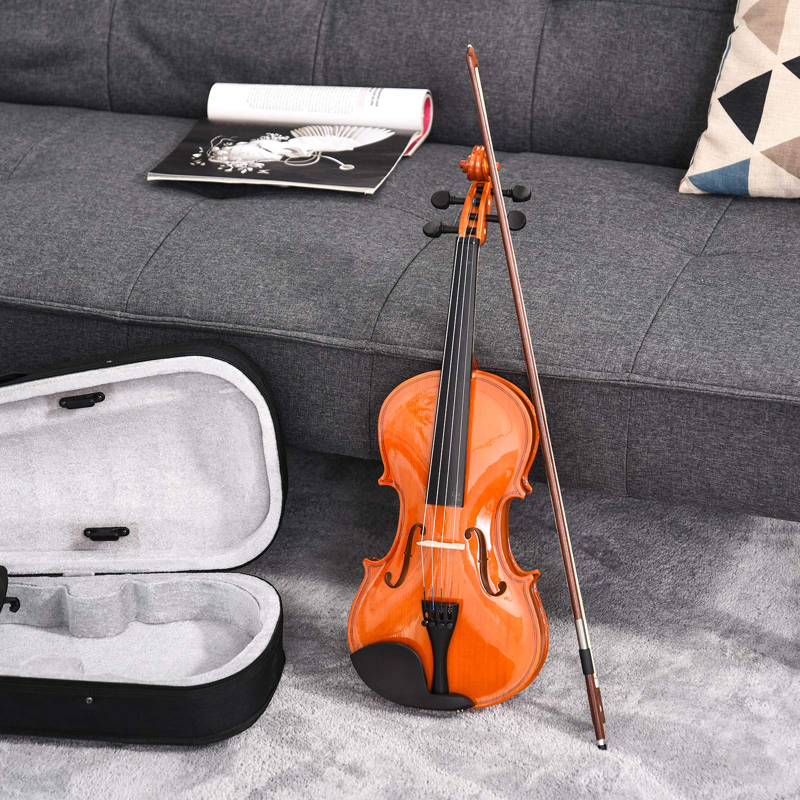 HOMCOM Violon 4/4 pleine grandeur avec étui, accordeur, épaulière, archet, colophane, cordes rechange et chiffon contreplaqué épicéa et érable