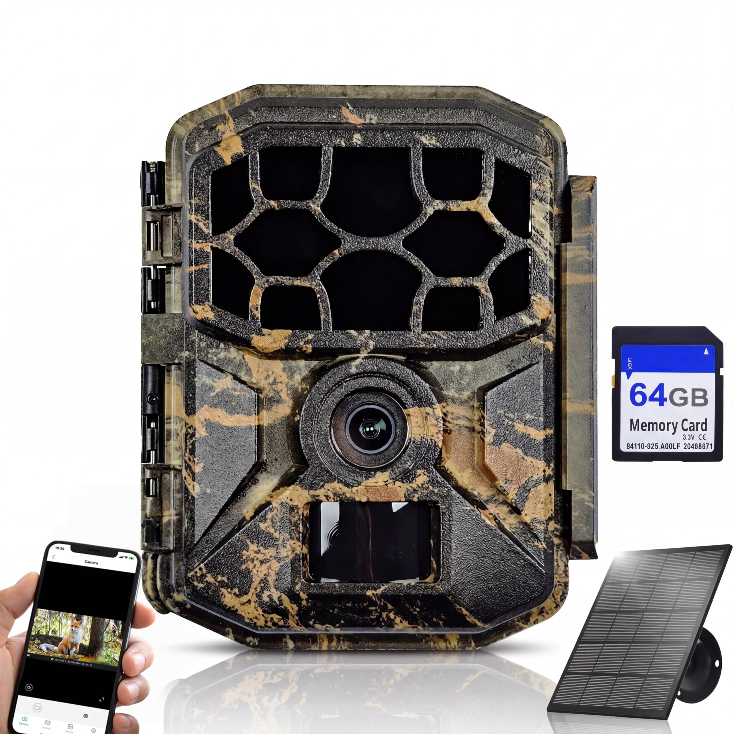 5K 64MP WLAN Solar Wildkamera mit Handy App, 64GB SD Karte | Bewegungsmelder Nachtsicht, 0,1s Schnellauslösezeit, 7800mAh Akku, IP66 Wasserdicht, Outdoor